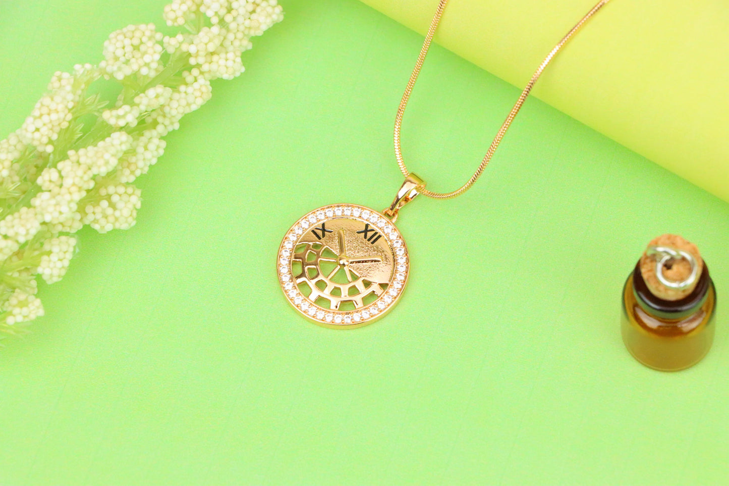 Rose Gold Clock Face Pendant with Roman Numerals and Iced Border, XPPT1406 (2135-5)