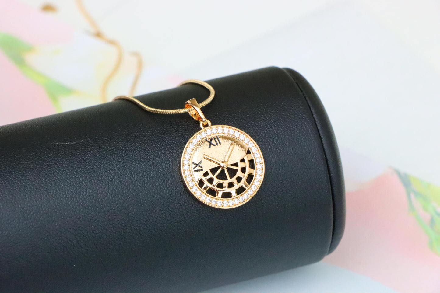 Rose Gold Clock Face Pendant with Roman Numerals and Iced Border, XPPT1406 (2135-5)