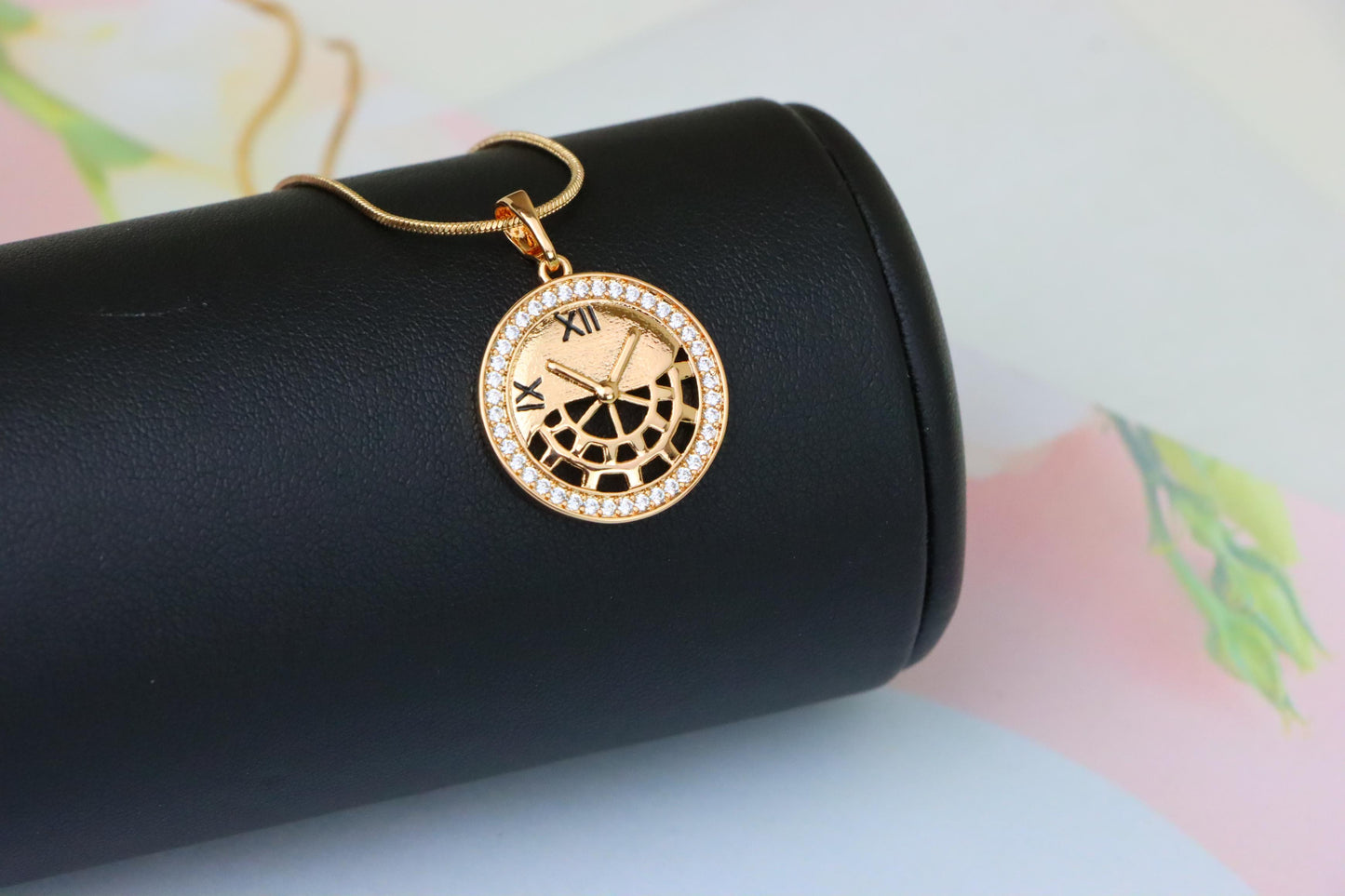 Rose Gold Clock Face Pendant with Roman Numerals and Iced Border, XPPT1406 (2135-5)