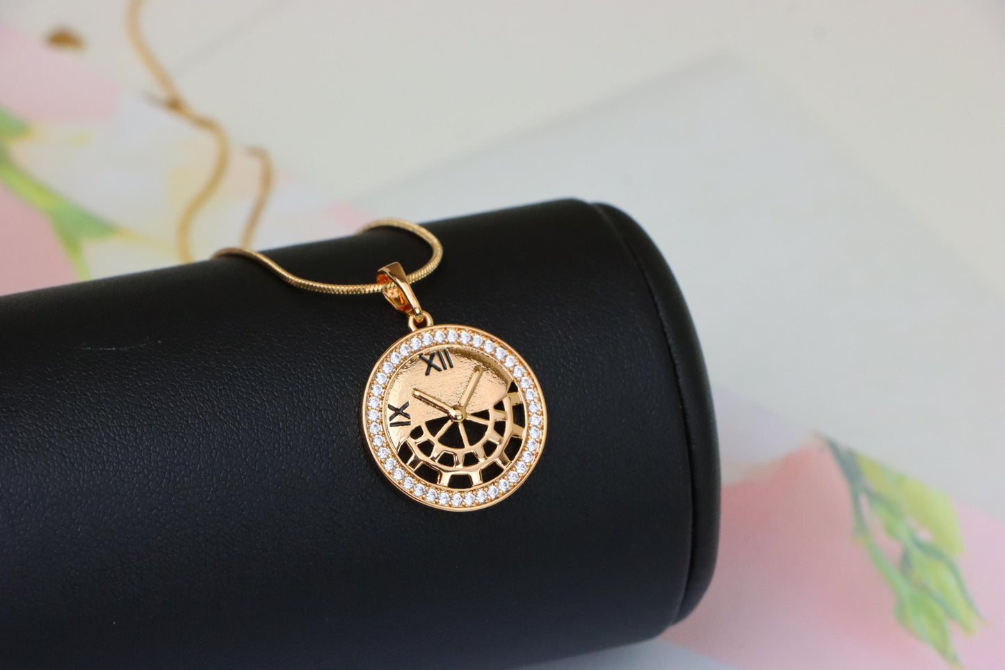 Rose Gold Clock Face Pendant with Roman Numerals and Iced Border, XPPT1406 (2135-5)