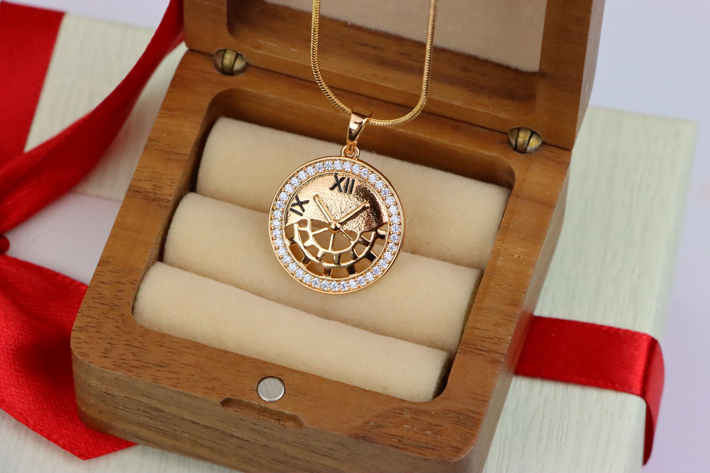 Rose Gold Clock Face Pendant with Roman Numerals and Iced Border, XPPT1406 (2135-5)