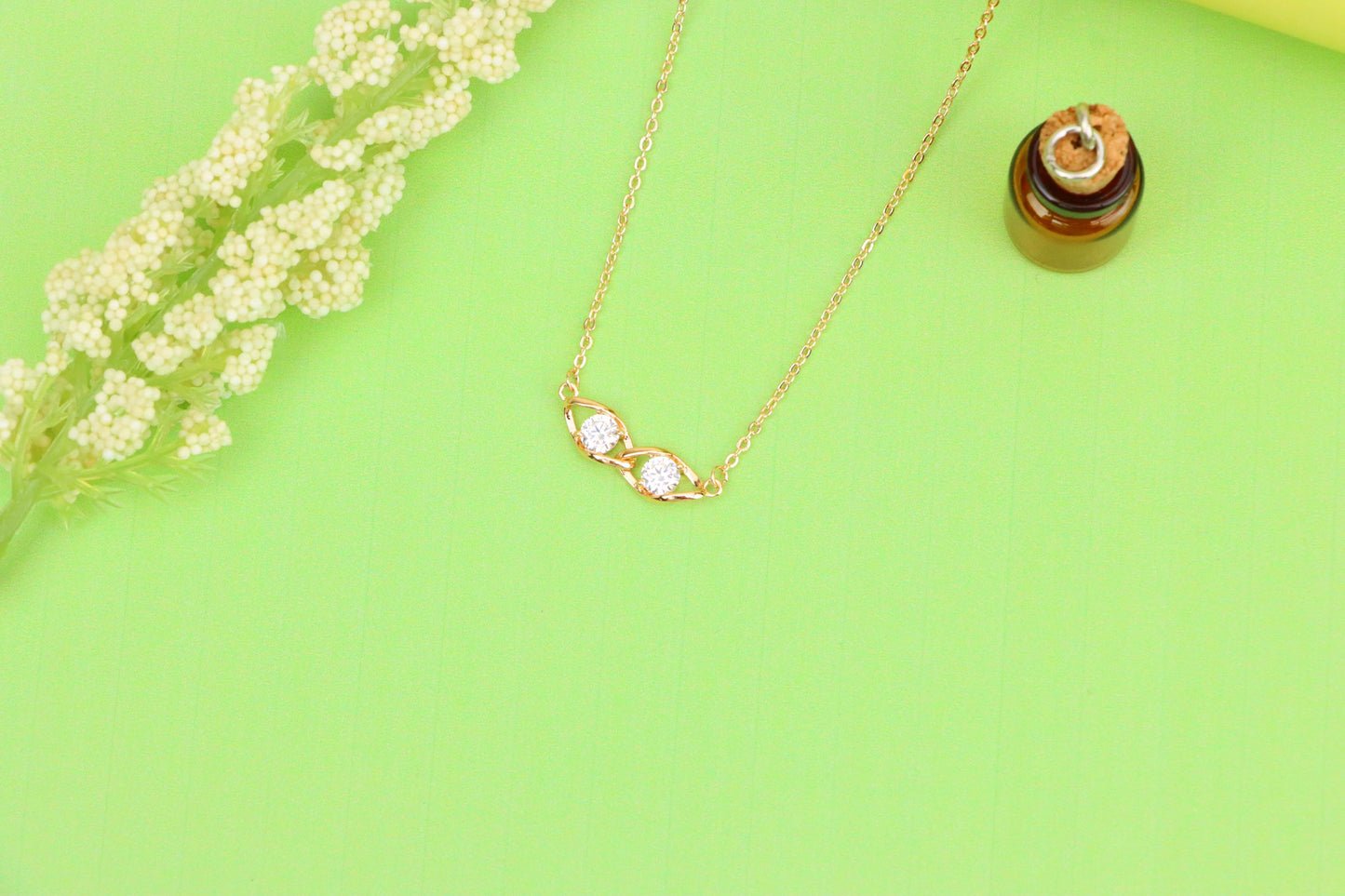 Rose Gold Necklace with Twin Stone Leaf Pendant, Elegant Design, XPNL1874 (2158-7)
