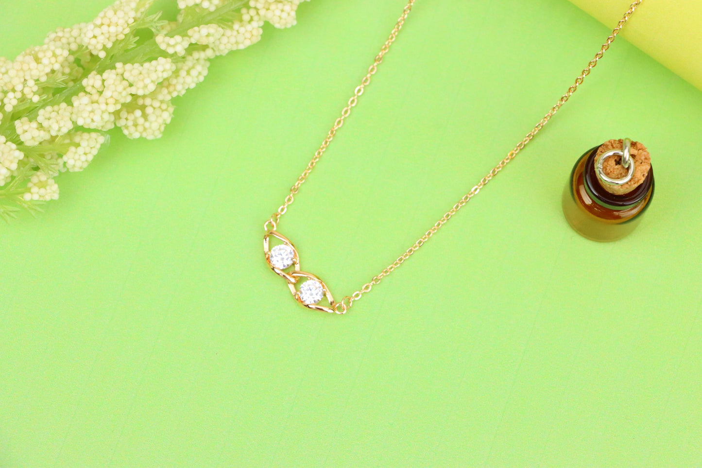 Rose Gold Necklace with Twin Stone Leaf Pendant, Elegant Design, XPNL1874 (2158-7)