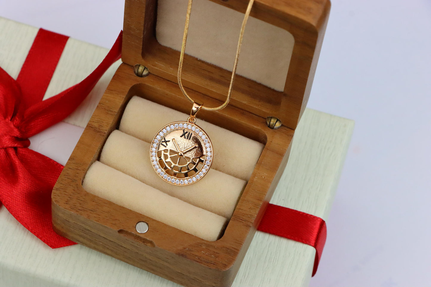 Rose Gold Clock Face Pendant with Roman Numerals and Iced Border, XPPT1406 (2135-5)