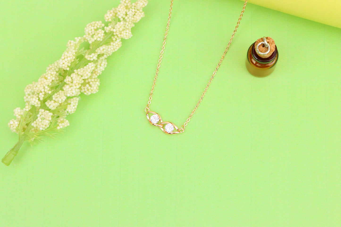 Rose Gold Necklace with Twin Stone Leaf Pendant, Elegant Design, XPNL1874 (2158-7)