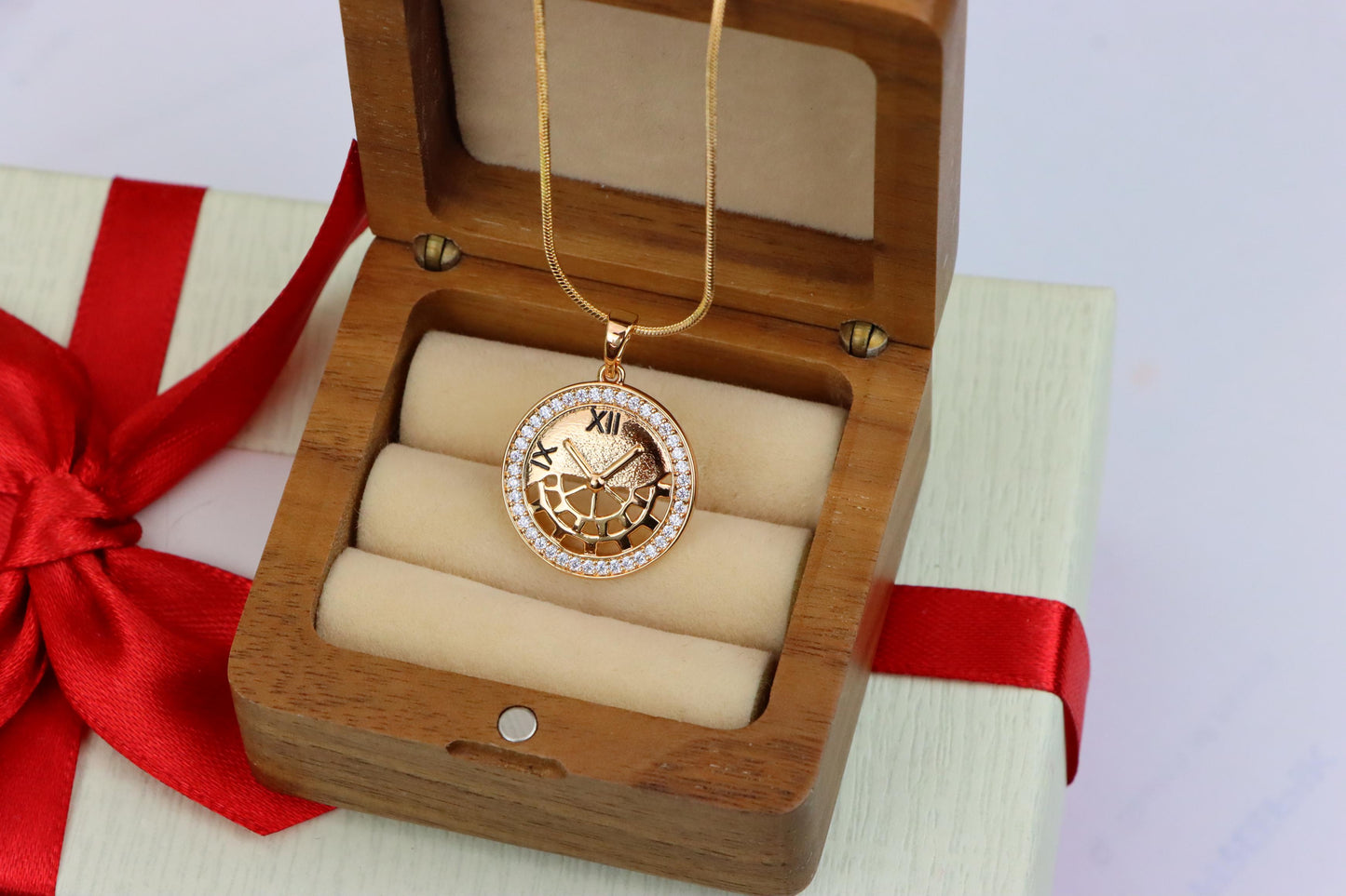 Rose Gold Clock Face Pendant with Roman Numerals and Iced Border, XPPT1406 (2135-5)