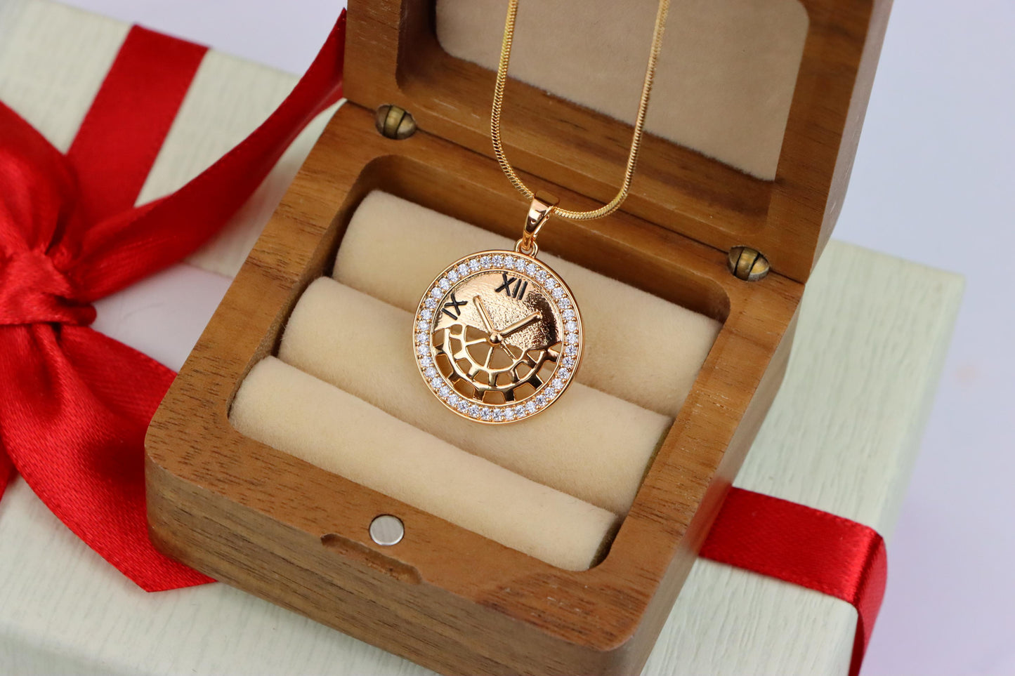 Rose Gold Clock Face Pendant with Roman Numerals and Iced Border, XPPT1406 (2135-5)