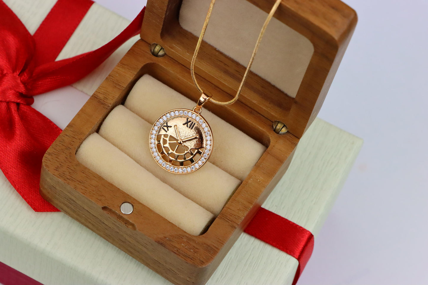 Rose Gold Clock Face Pendant with Roman Numerals and Iced Border, XPPT1406 (2135-5)