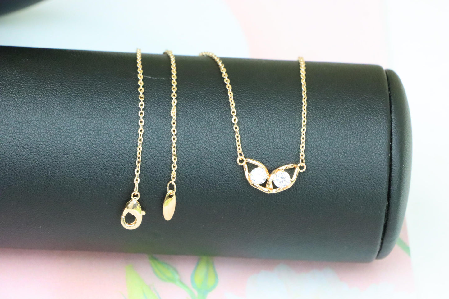 Rose Gold Necklace with Twin Stone Leaf Pendant, Elegant Design, XPNL1874 (2158-7)