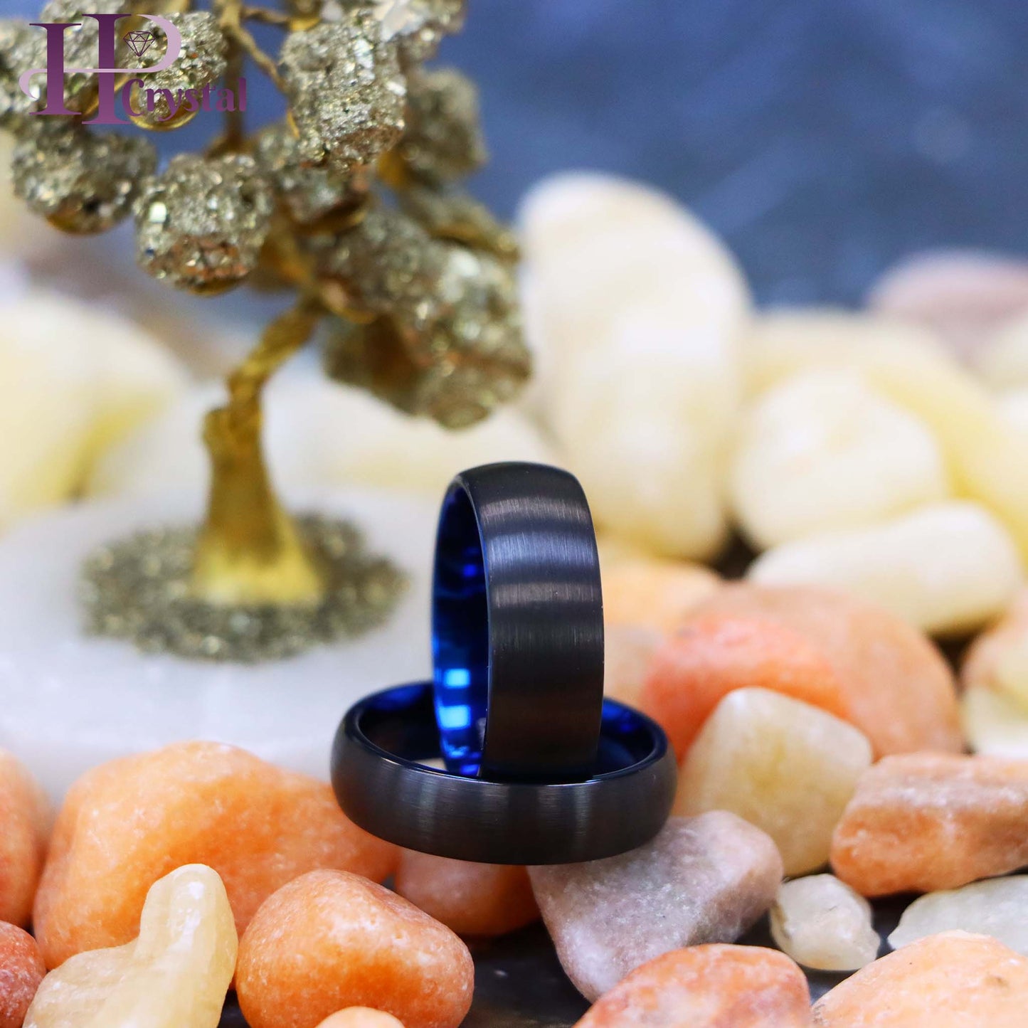 Brushed Black & Blue IP Plated Classic Domed Band Tungsten Ring