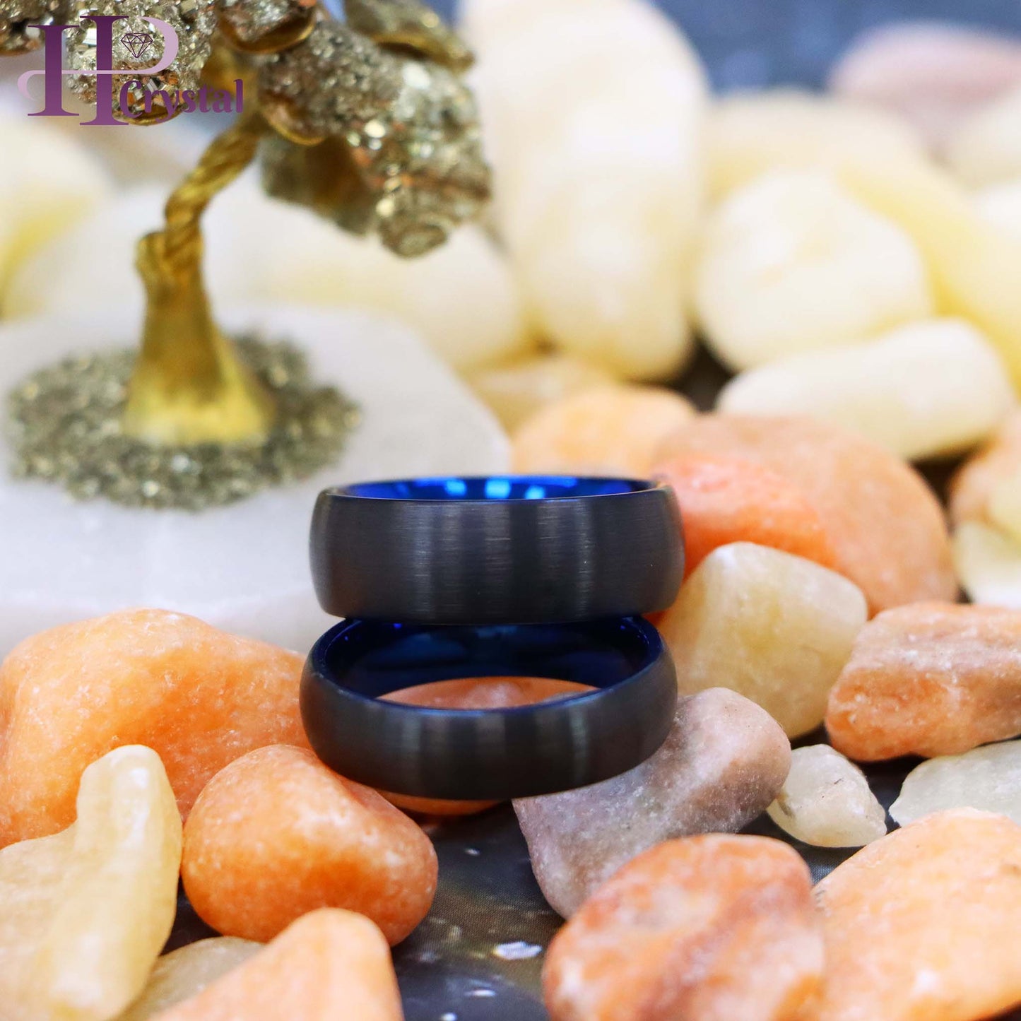 Brushed Black & Blue IP Plated Classic Domed Band Tungsten Ring