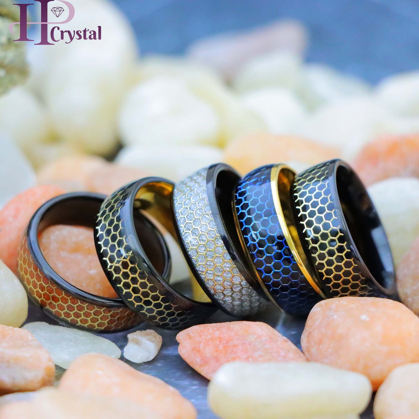 Dome Black IP/Yellow & Black IP with Honeycomb Cut-out Meteorite Inlay/Rosewood Inlay Tungsten Ring