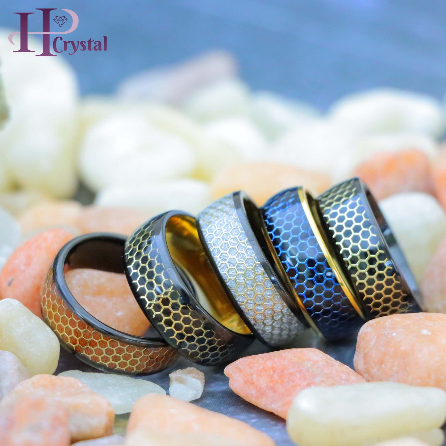 Dome Black IP/Yellow & Black IP with Honeycomb Cut-out Meteorite Inlay/Rosewood Inlay Tungsten Ring