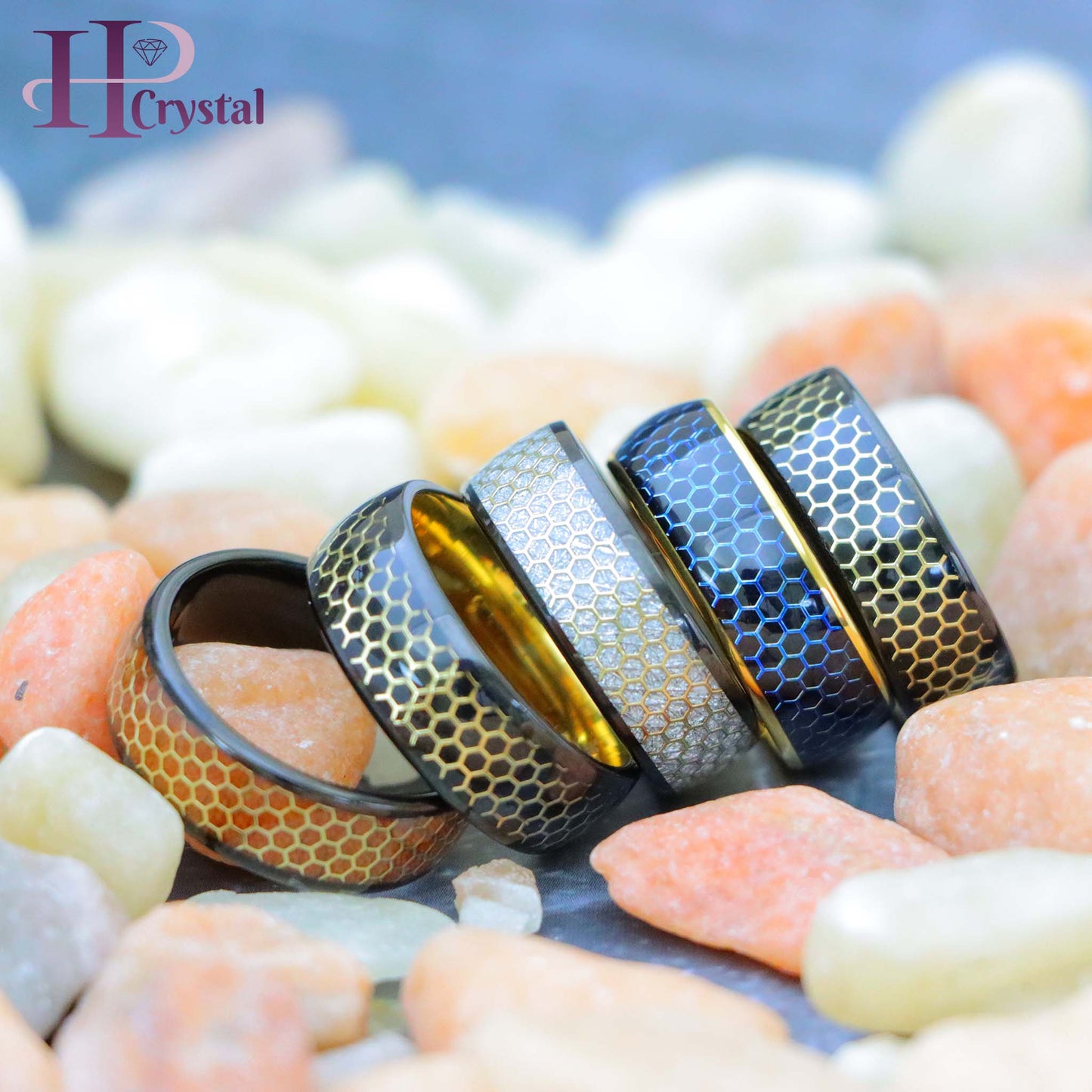 Dome Black IP/Yellow & Black IP with Honeycomb Cut-out Meteorite Inlay/Rosewood Inlay Tungsten Ring