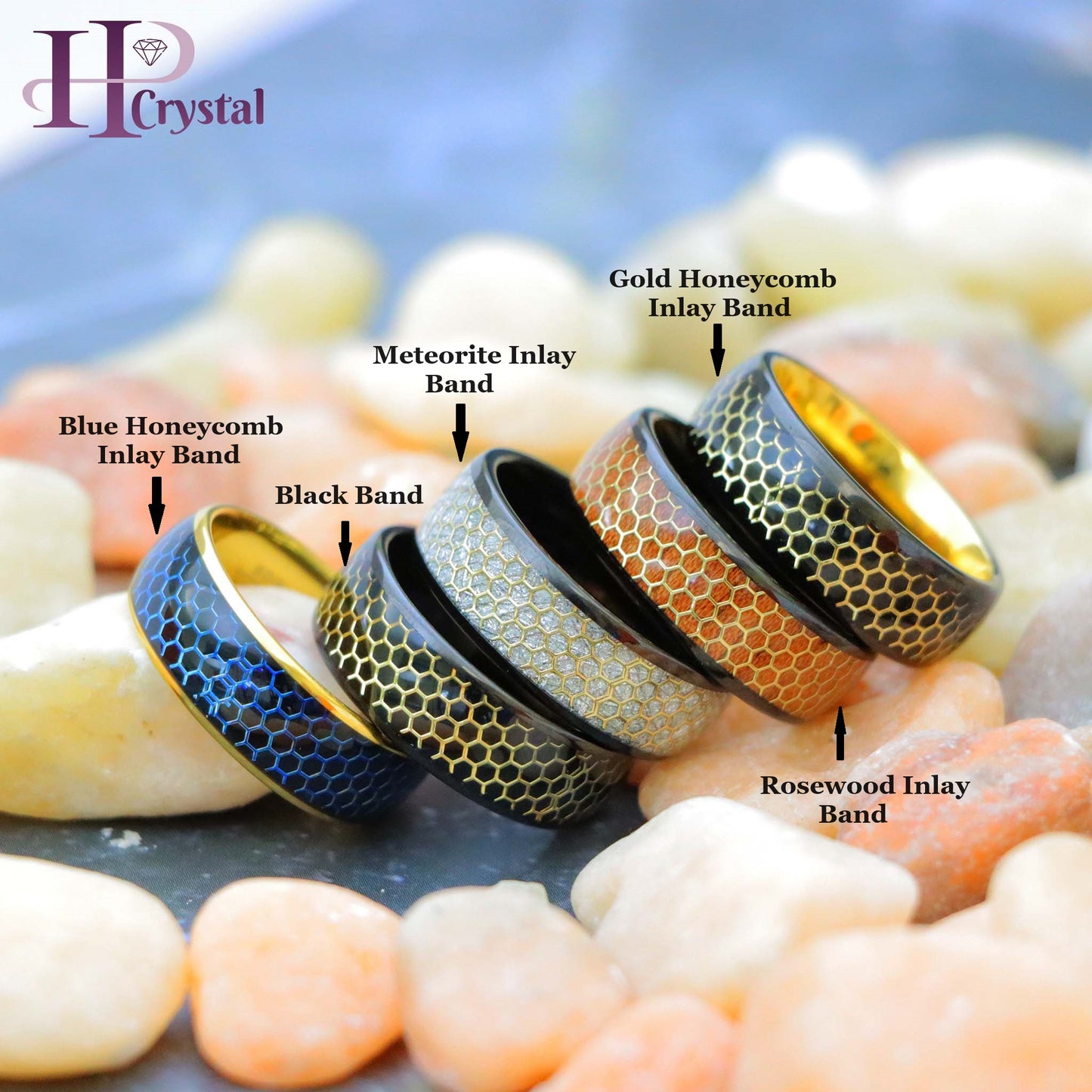 Dome Black IP/Yellow & Black IP with Honeycomb Cut-out Meteorite Inlay/Rosewood Inlay Tungsten Ring