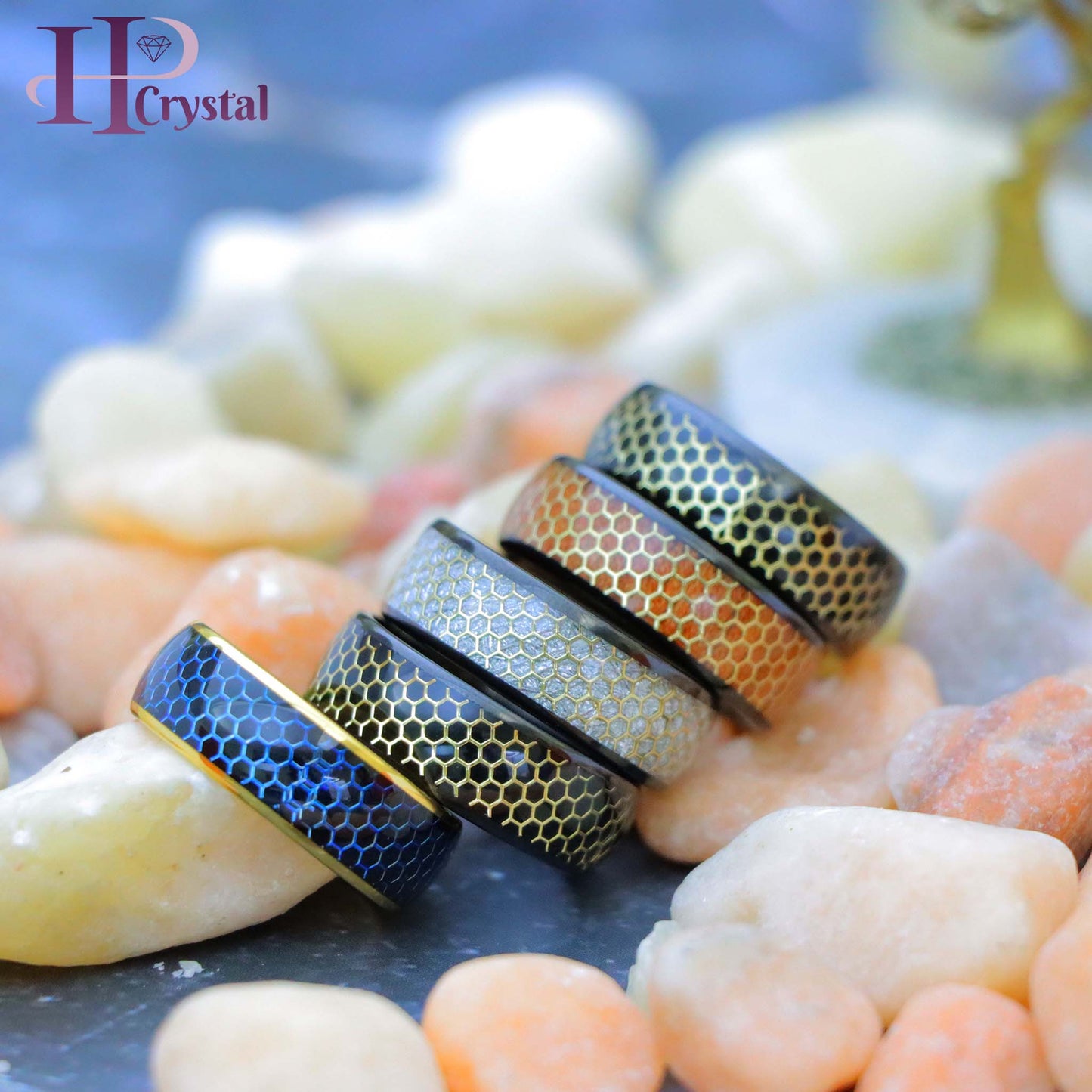 Dome Black IP/Yellow & Black IP with Honeycomb Cut-out Meteorite Inlay/Rosewood Inlay Tungsten Ring
