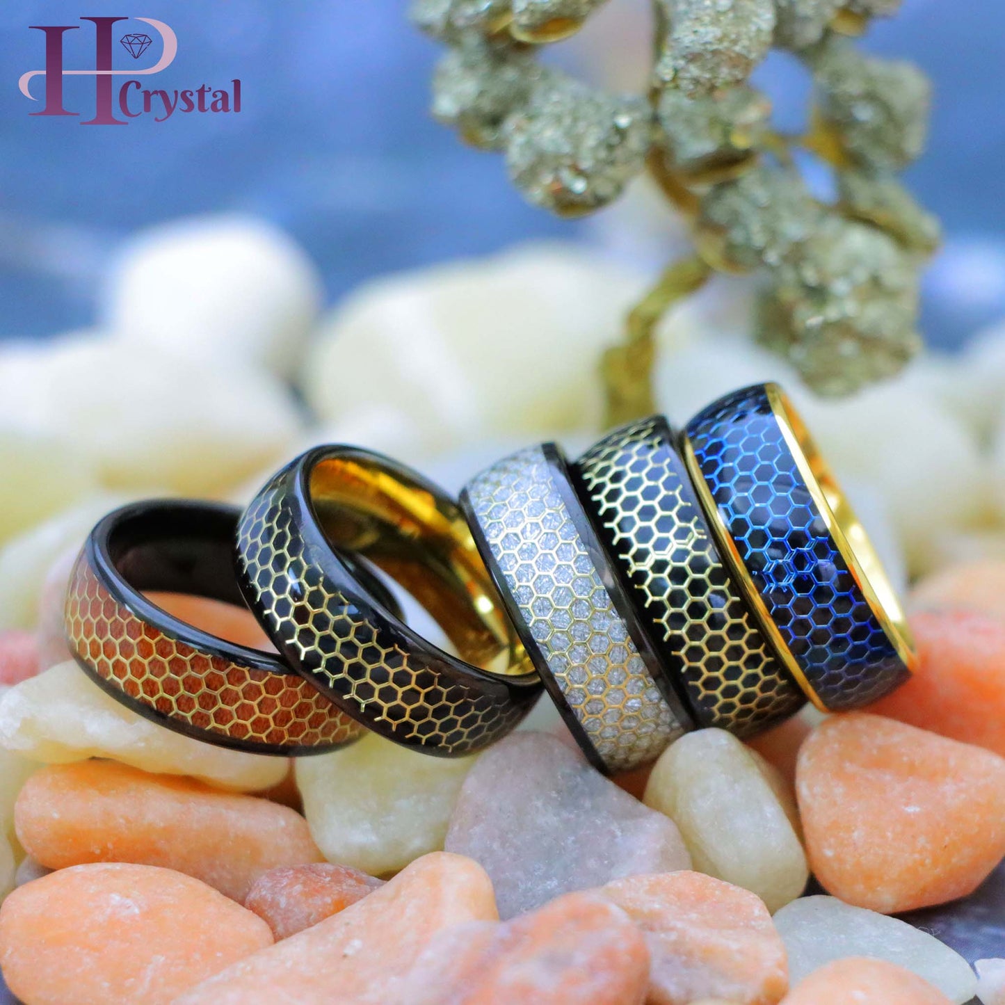 Dome Black IP/Yellow & Black IP with Honeycomb Cut-out Meteorite Inlay/Rosewood Inlay Tungsten Ring