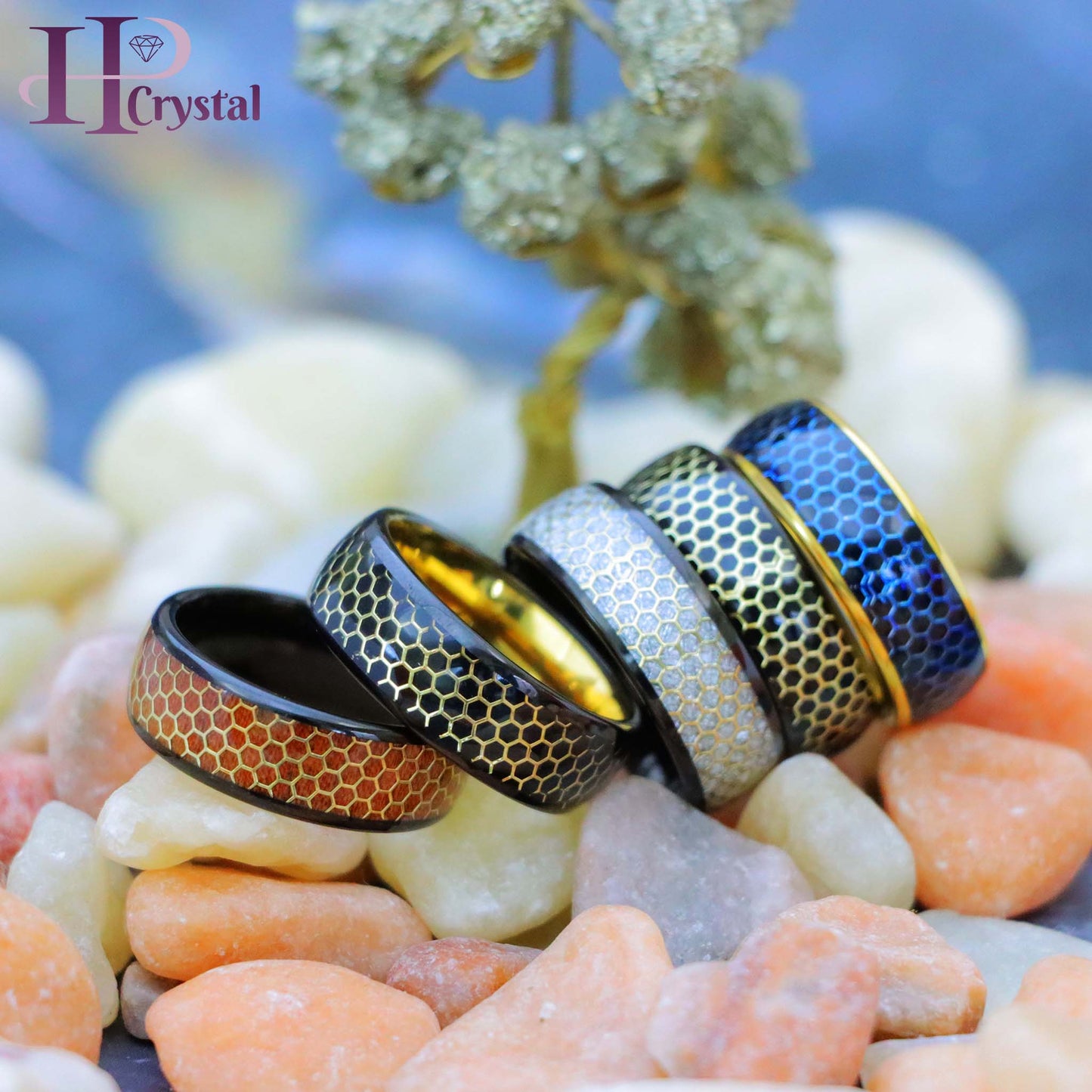 Dome Black IP/Yellow & Black IP with Honeycomb Cut-out Meteorite Inlay/Rosewood Inlay Tungsten Ring