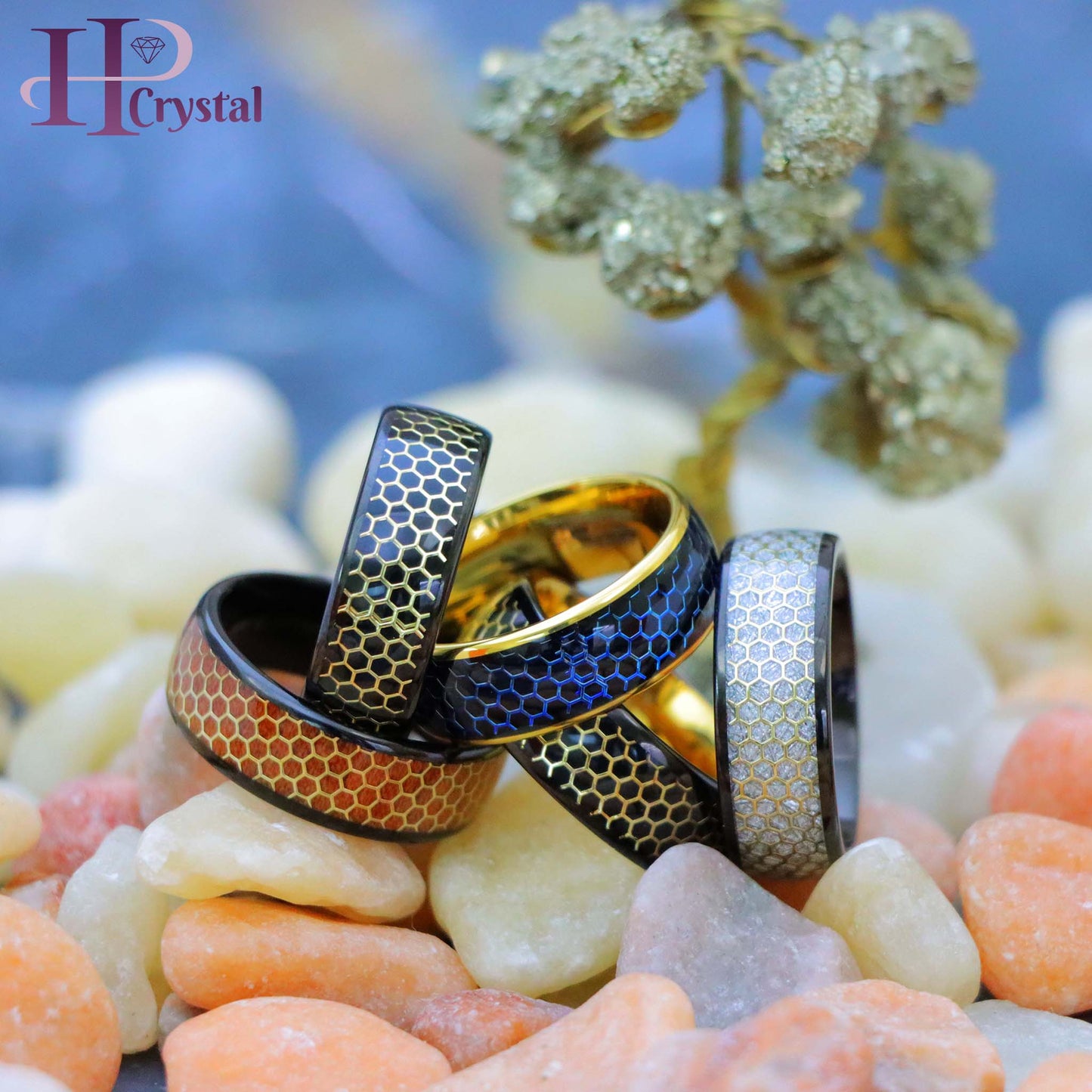 Dome Black IP/Yellow & Black IP with Honeycomb Cut-out Meteorite Inlay/Rosewood Inlay Tungsten Ring