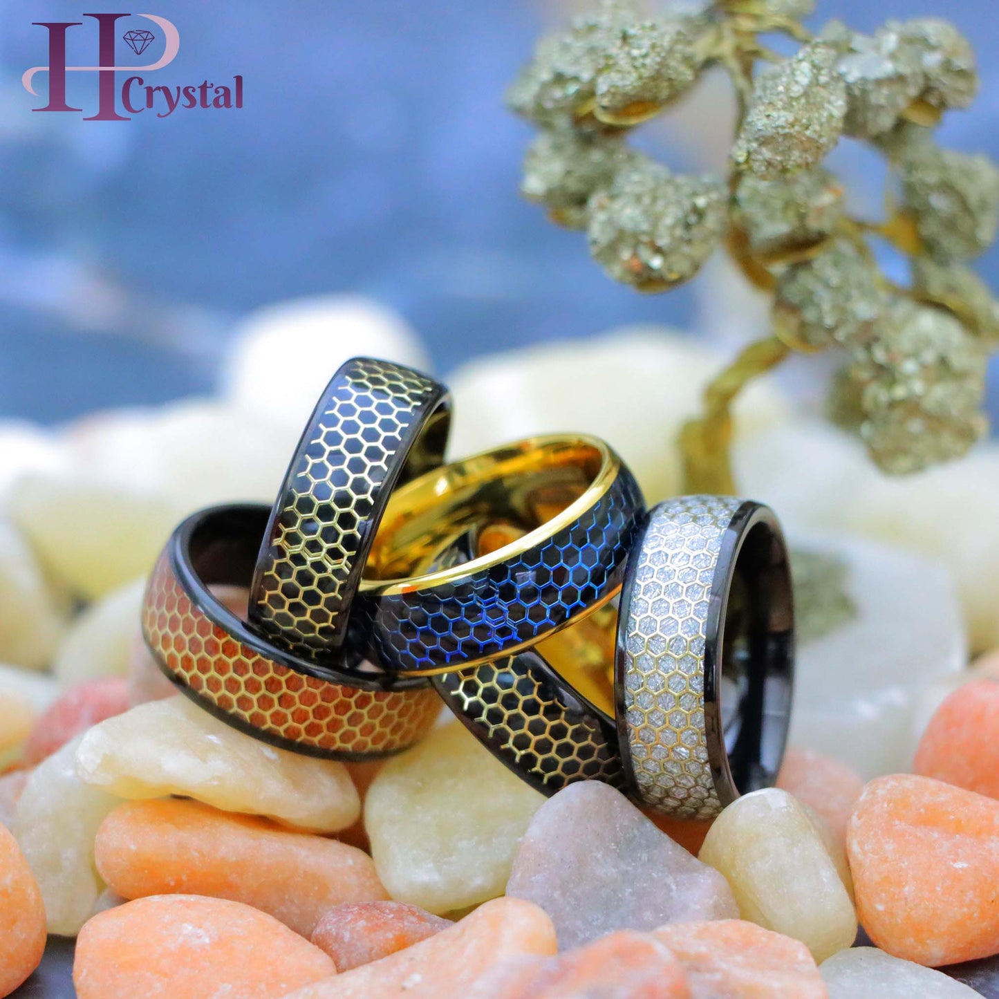 Dome Black IP/Yellow & Black IP with Honeycomb Cut-out Meteorite Inlay/Rosewood Inlay Tungsten Ring