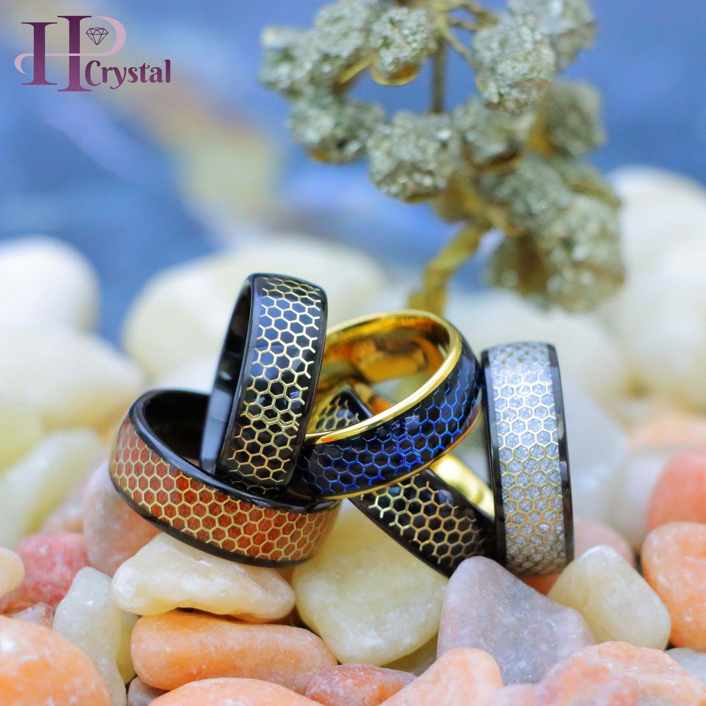 Dome Black IP/Yellow & Black IP with Honeycomb Cut-out Meteorite Inlay/Rosewood Inlay Tungsten Ring