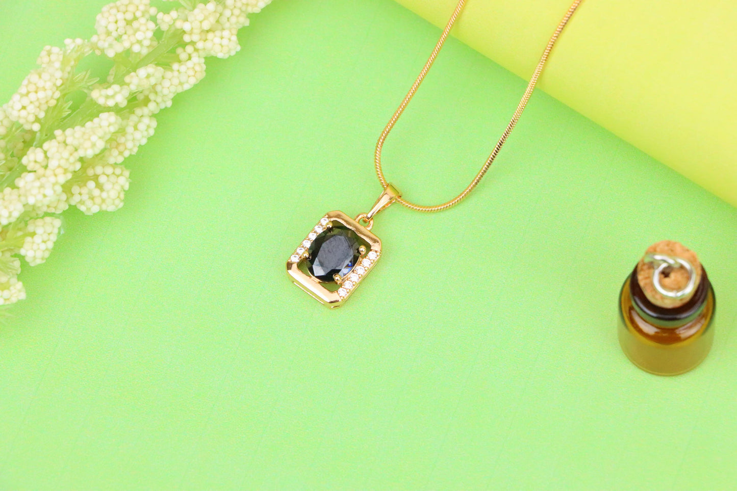 Rose Gold Pendant with Black Oval Stone and CZ Border Accent, XPPT1408 (2135-7)