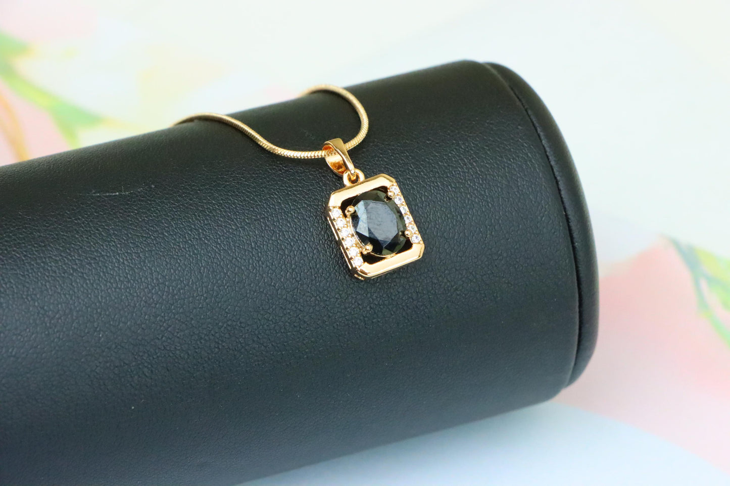 Rose Gold Pendant with Black Oval Stone and CZ Border Accent, XPPT1408 (2135-7)