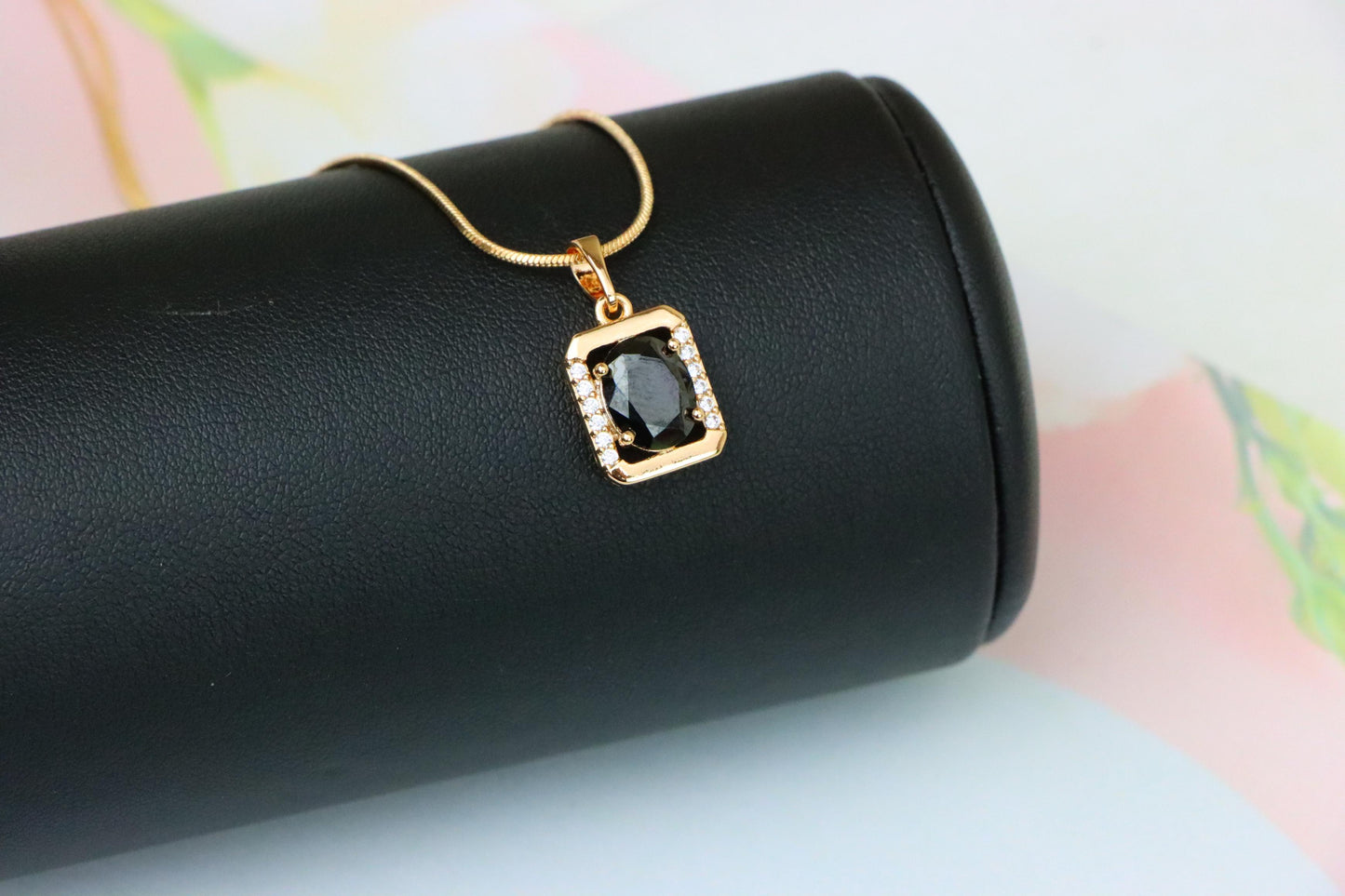 Rose Gold Pendant with Black Oval Stone and CZ Border Accent, XPPT1408 (2135-7)