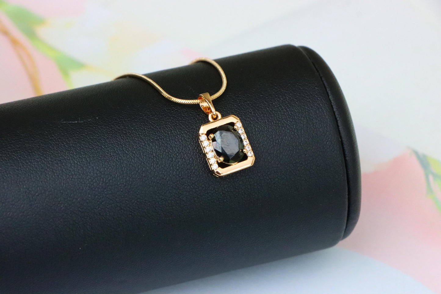 Rose Gold Pendant with Black Oval Stone and CZ Border Accent, XPPT1408 (2135-7)