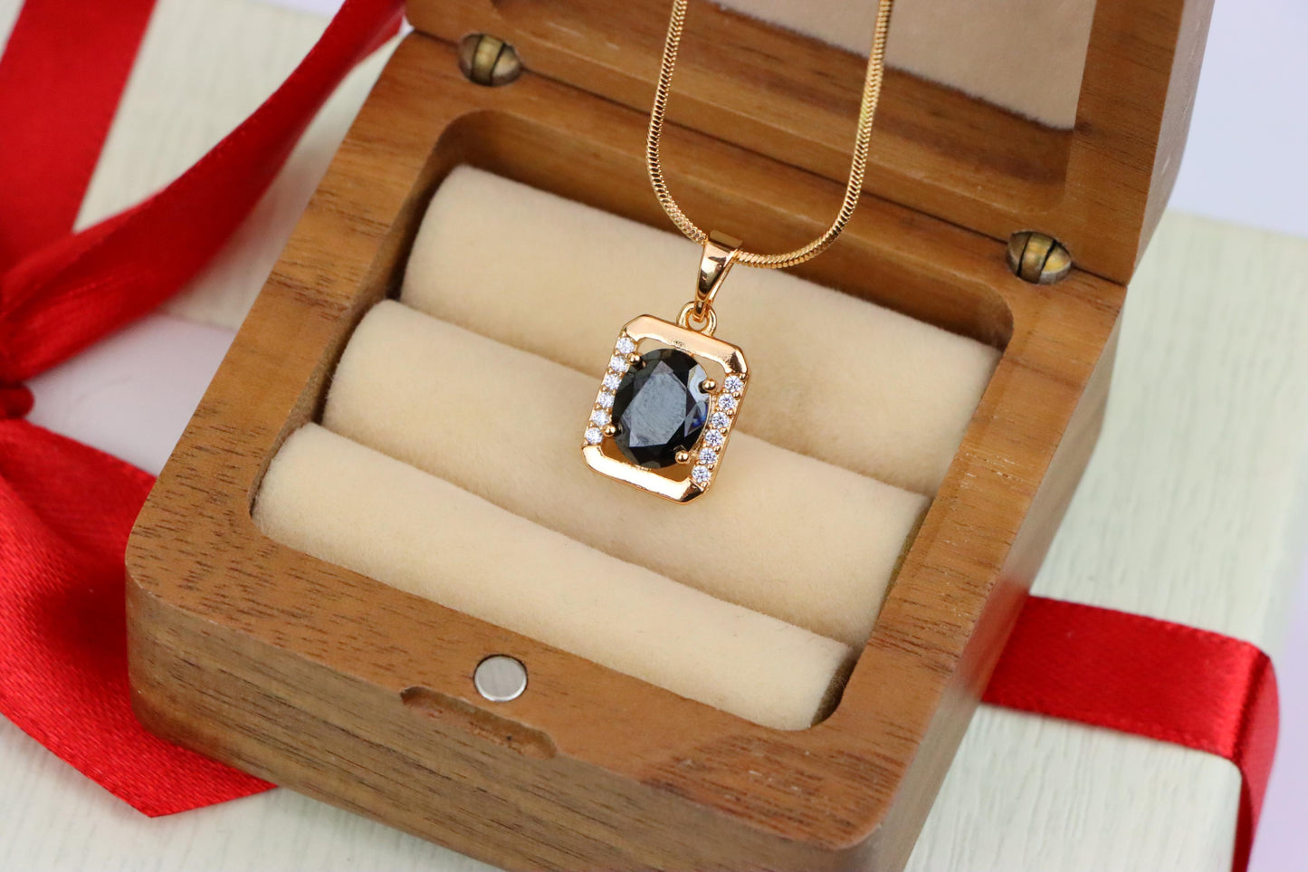Rose Gold Pendant with Black Oval Stone and CZ Border Accent, XPPT1408 (2135-7)
