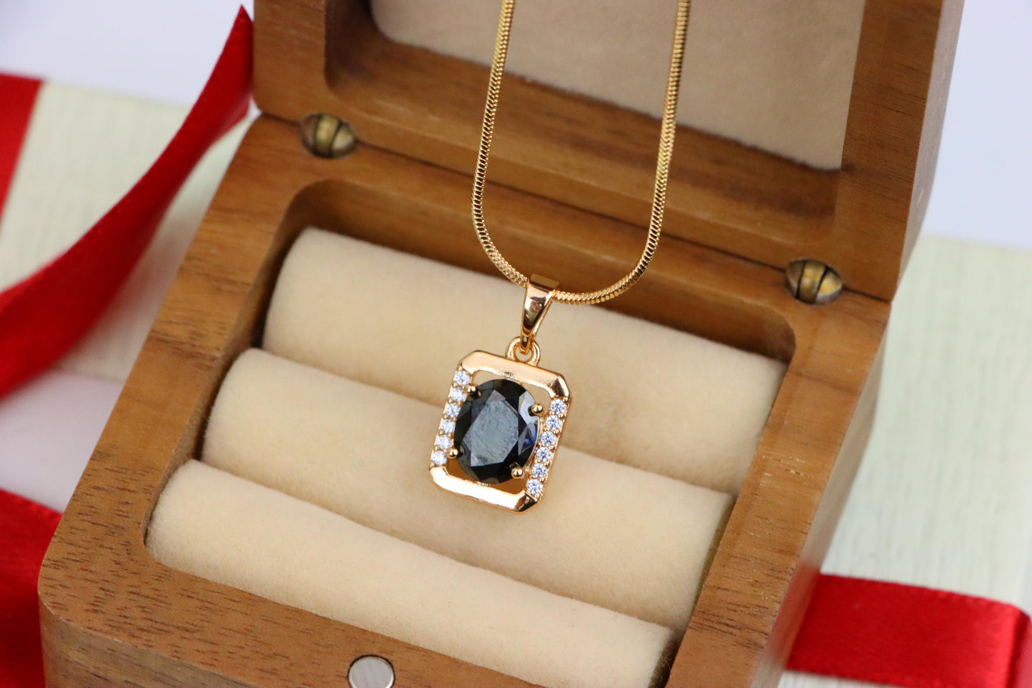 Rose Gold Pendant with Black Oval Stone and CZ Border Accent, XPPT1408 (2135-7)