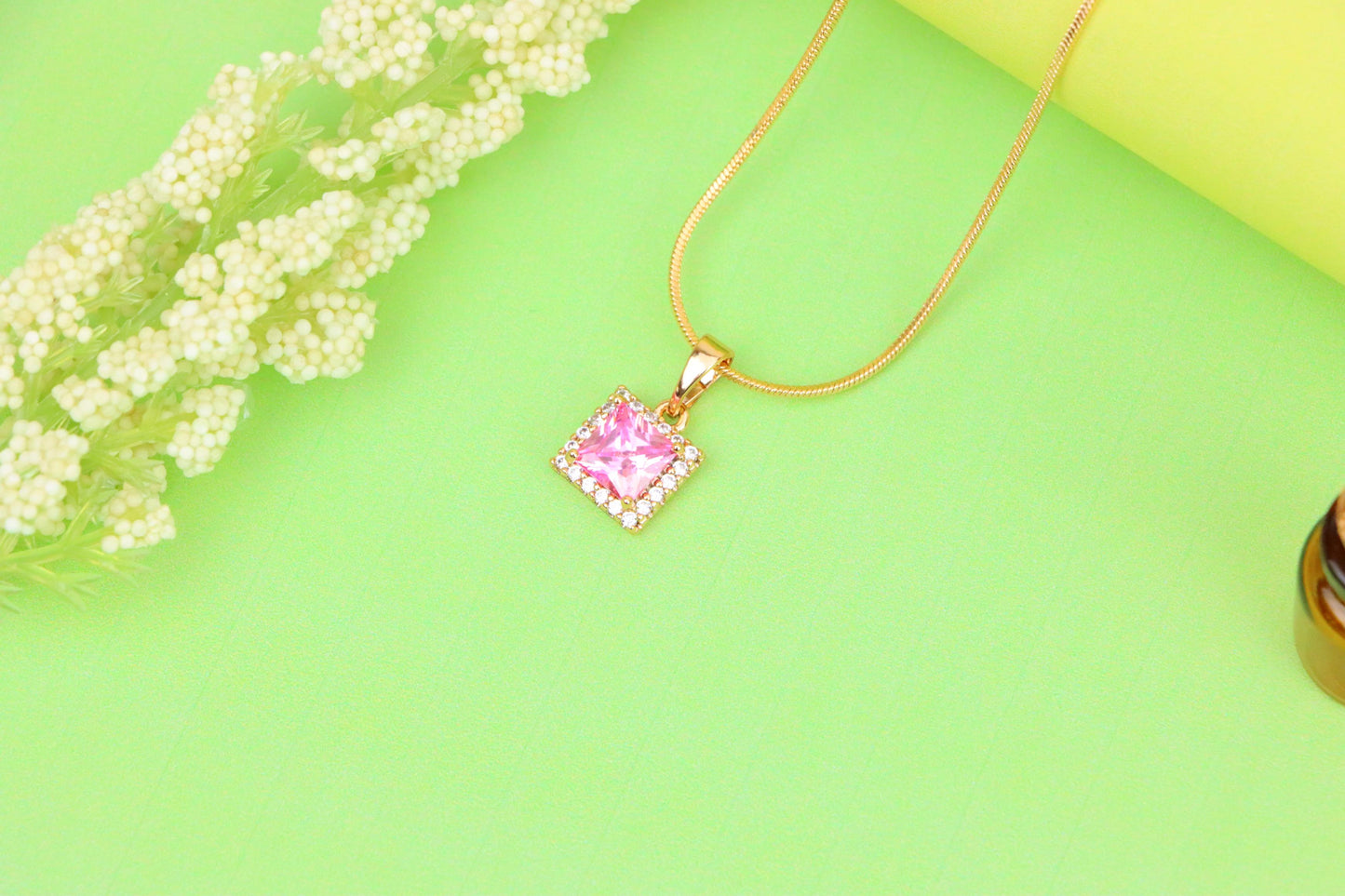 Square Rose Gold Pendant with Pink Stone and CZ Border Accent, XPPT1410 (2135-9)
