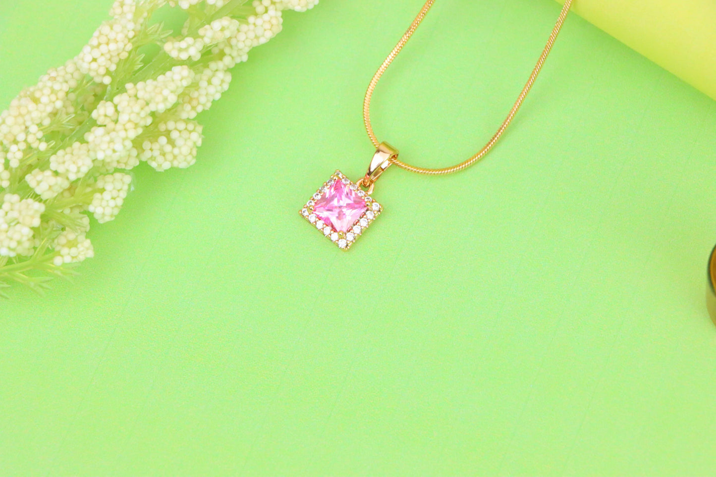 Square Rose Gold Pendant with Pink Stone and CZ Border Accent, XPPT1410 (2135-9)