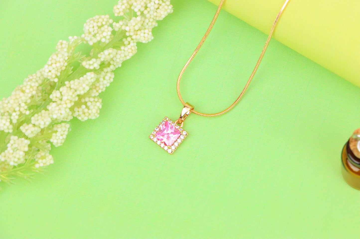 Square Rose Gold Pendant with Pink Stone and CZ Border Accent, XPPT1410 (2135-9)