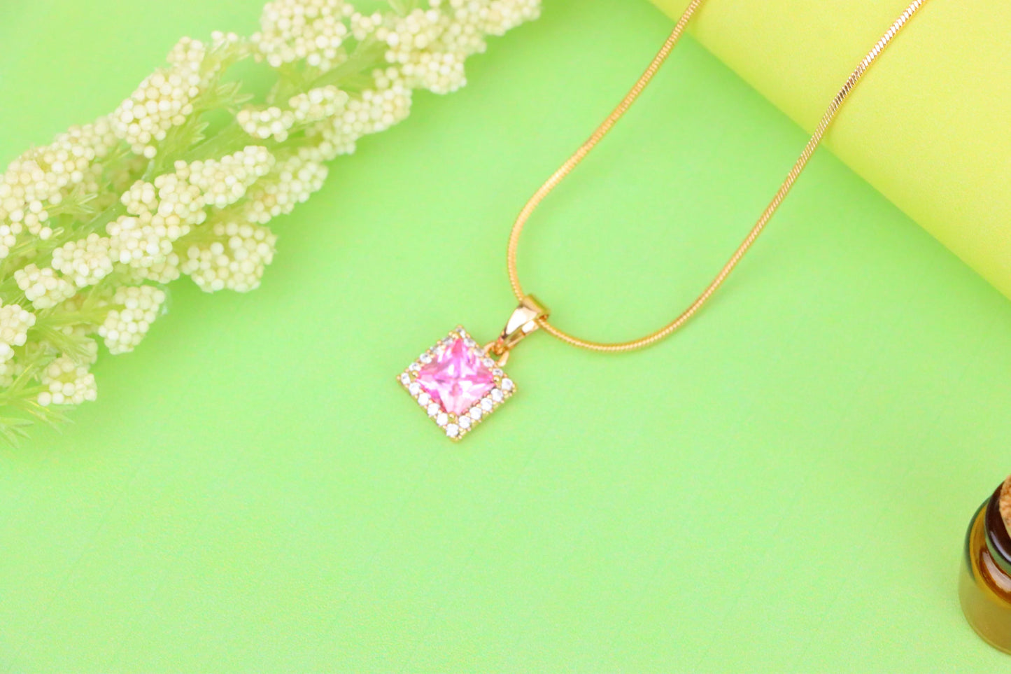Square Rose Gold Pendant with Pink Stone and CZ Border Accent, XPPT1410 (2135-9)