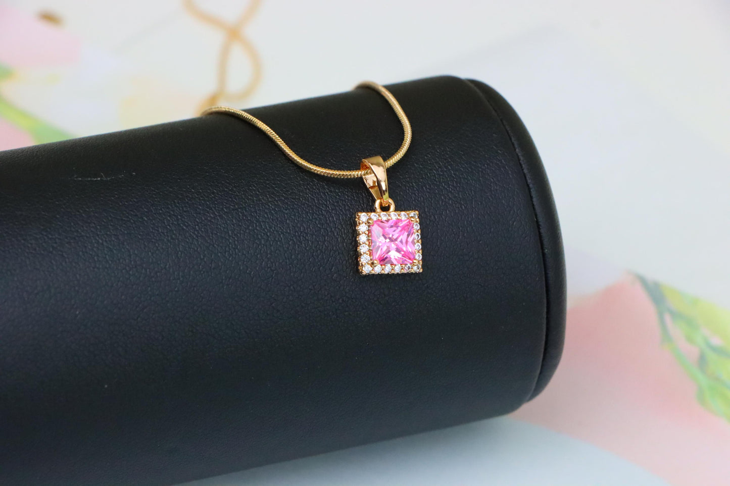 Square Rose Gold Pendant with Pink Stone and CZ Border Accent, XPPT1410 (2135-9)