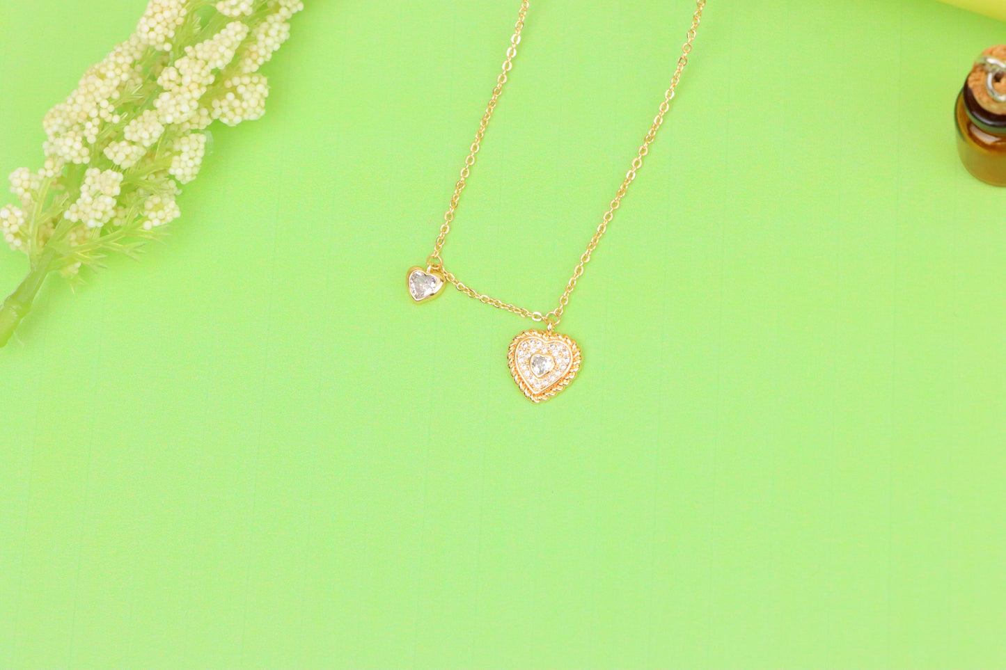 Rose Gold Heart Pendant Necklace with Dual Charm, Elegant Design, XPNL1877 (2158-10)
