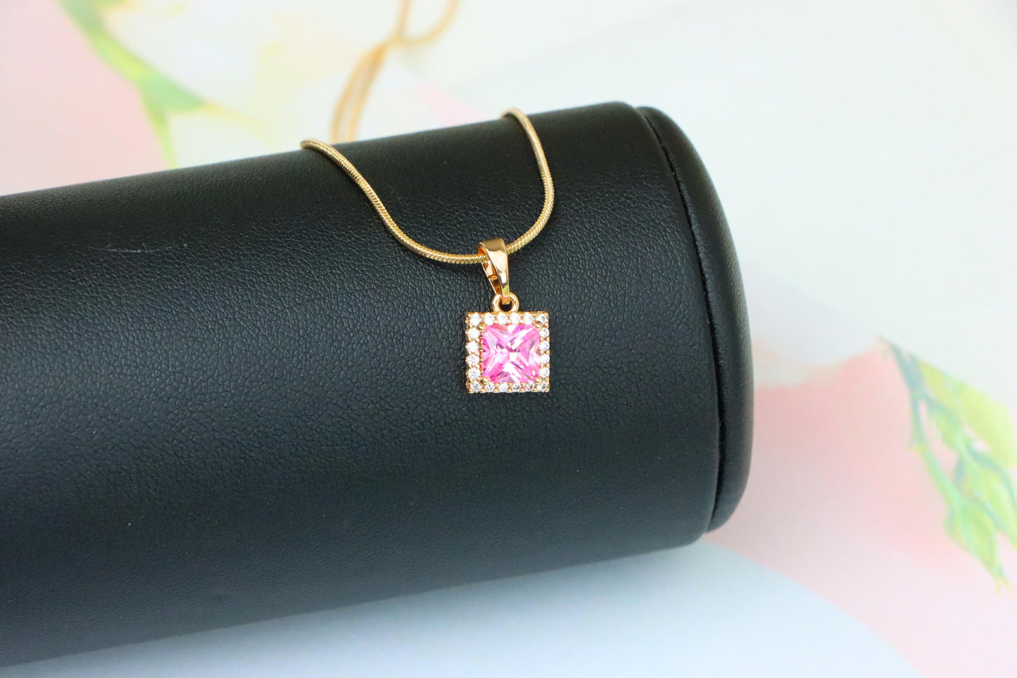 Square Rose Gold Pendant with Pink Stone and CZ Border Accent, XPPT1410 (2135-9)
