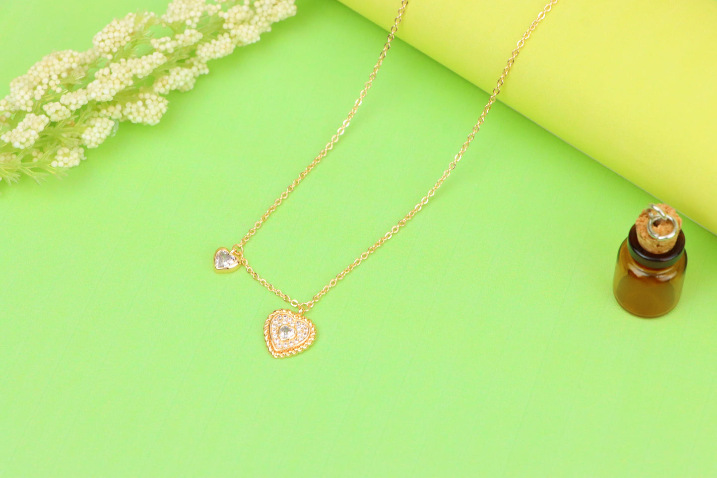 Rose Gold Heart Pendant Necklace with Dual Charm, Elegant Design, XPNL1877 (2158-10)