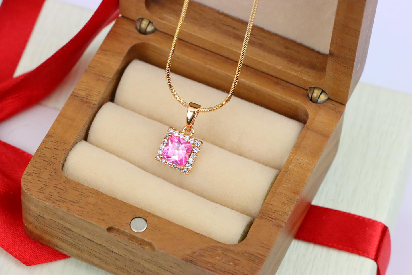 Square Rose Gold Pendant with Pink Stone and CZ Border Accent, XPPT1410 (2135-9)