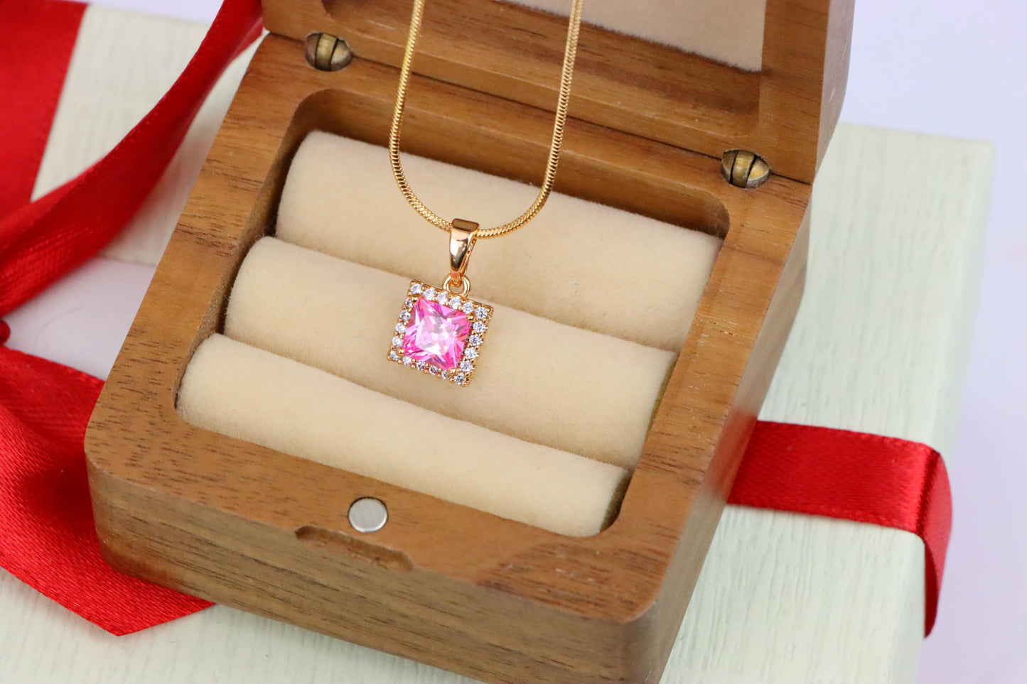 Square Rose Gold Pendant with Pink Stone and CZ Border Accent, XPPT1410 (2135-9)