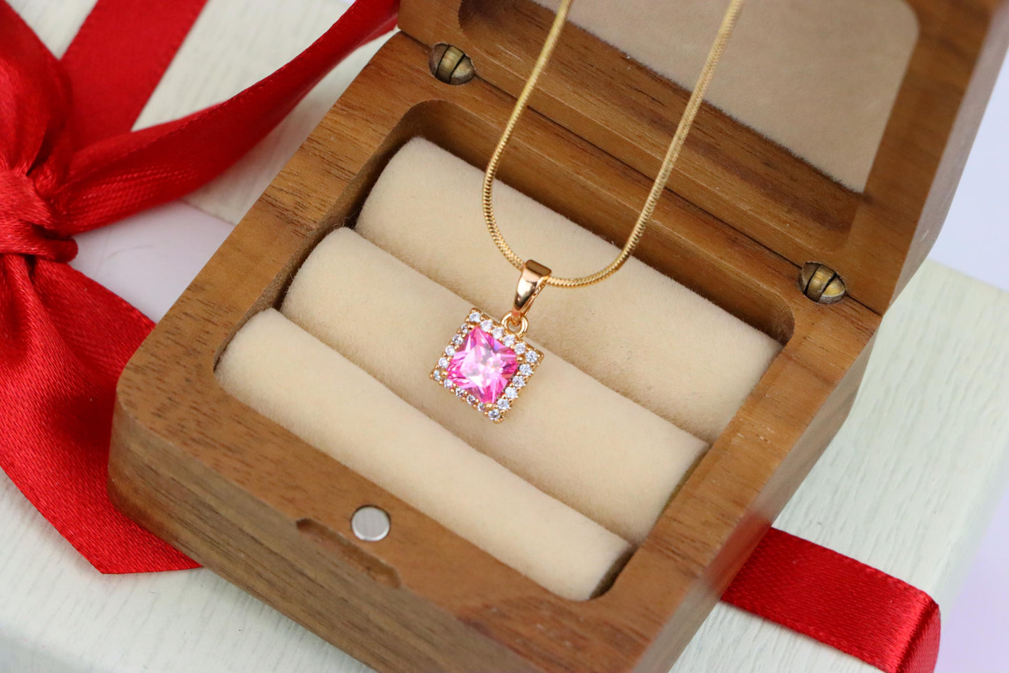 Square Rose Gold Pendant with Pink Stone and CZ Border Accent, XPPT1410 (2135-9)