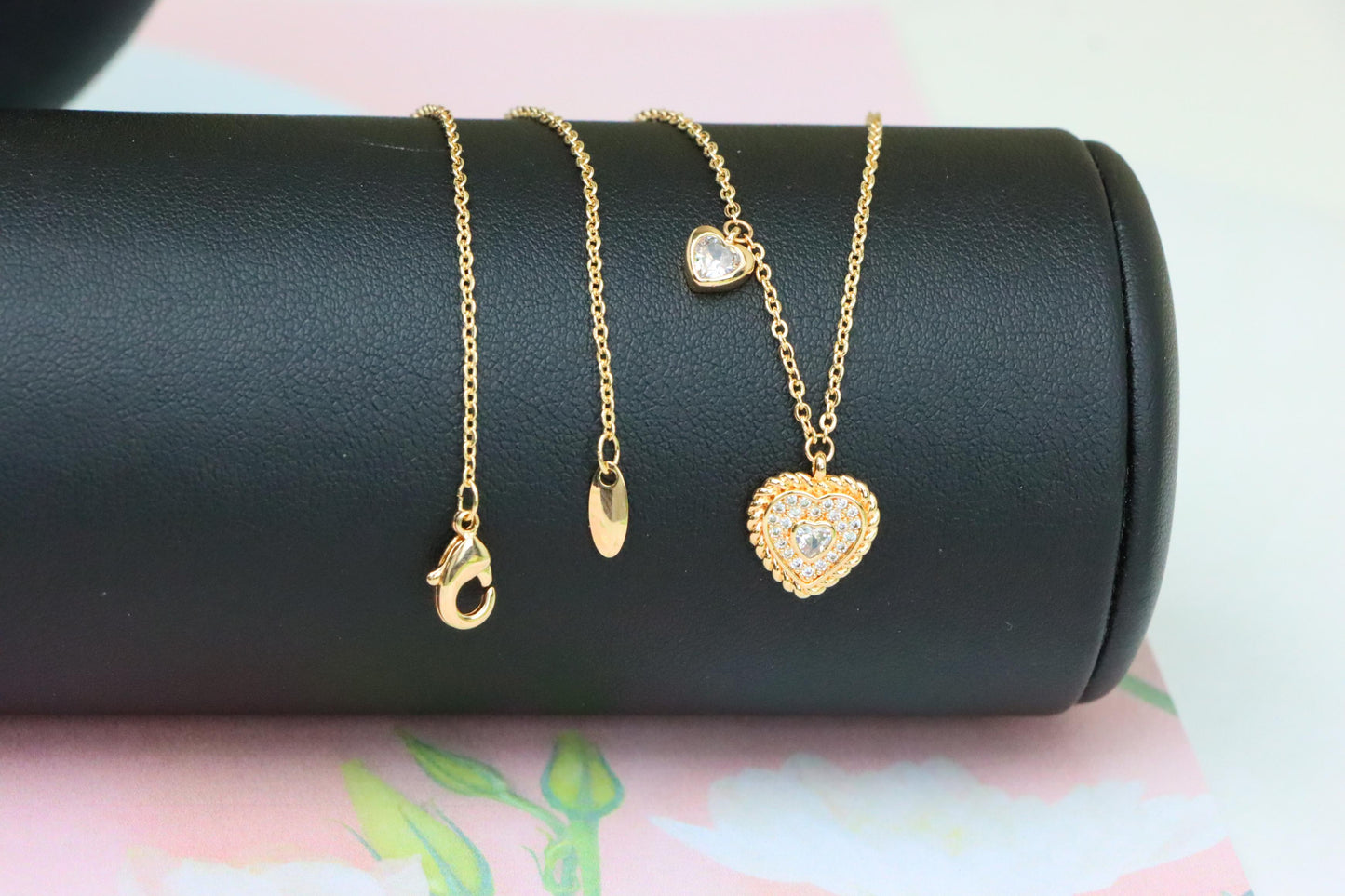 Rose Gold Heart Pendant Necklace with Dual Charm, Elegant Design, XPNL1877 (2158-10)
