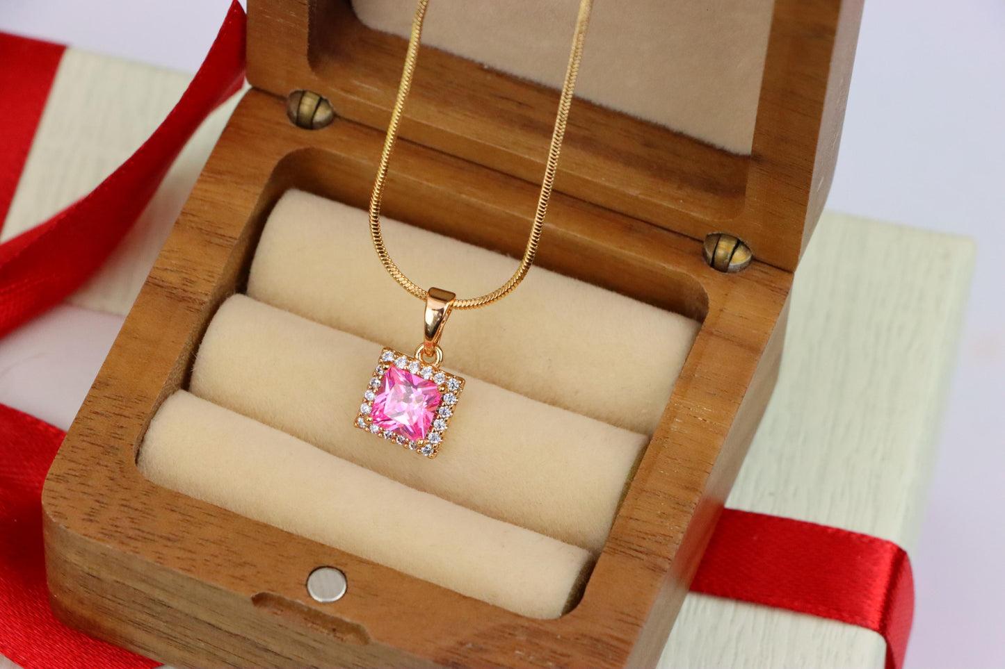 Square Rose Gold Pendant with Pink Stone and CZ Border Accent, XPPT1410 (2135-9)