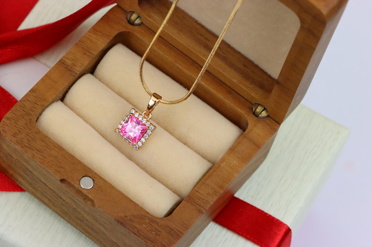Square Rose Gold Pendant with Pink Stone and CZ Border Accent, XPPT1410 (2135-9)
