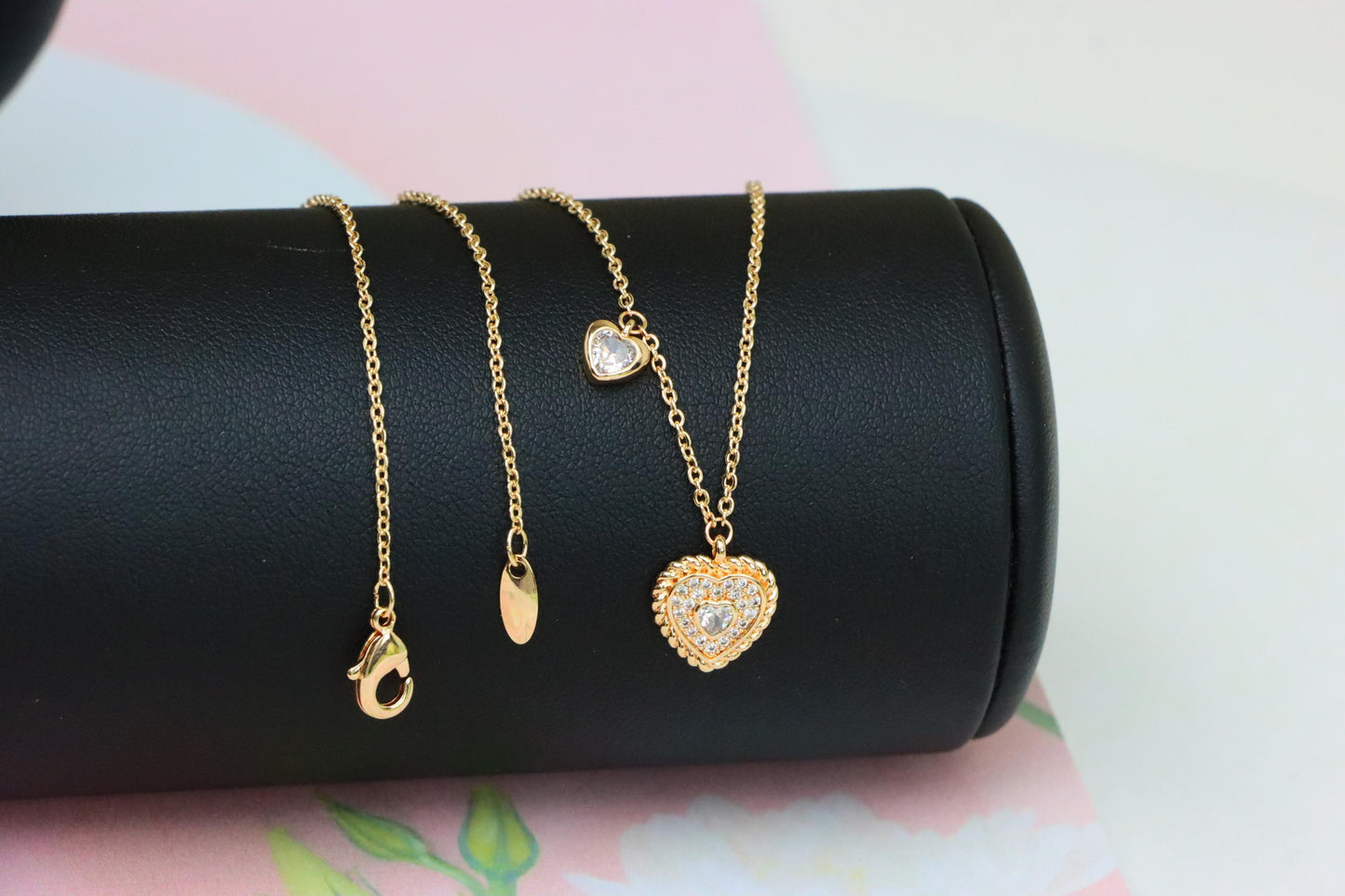 Rose Gold Heart Pendant Necklace with Dual Charm, Elegant Design, XPNL1877 (2158-10)