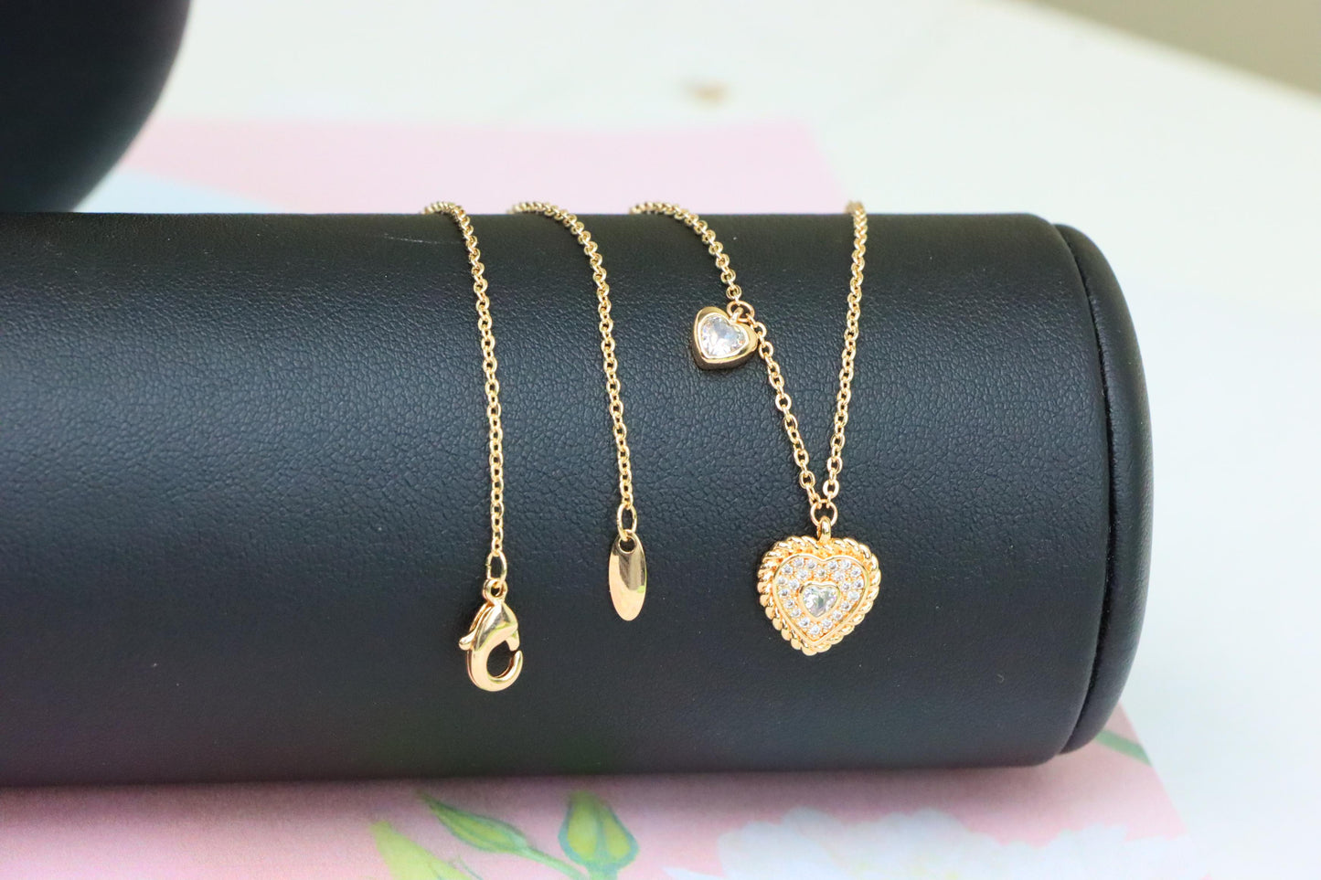 Rose Gold Heart Pendant Necklace with Dual Charm, Elegant Design, XPNL1877 (2158-10)