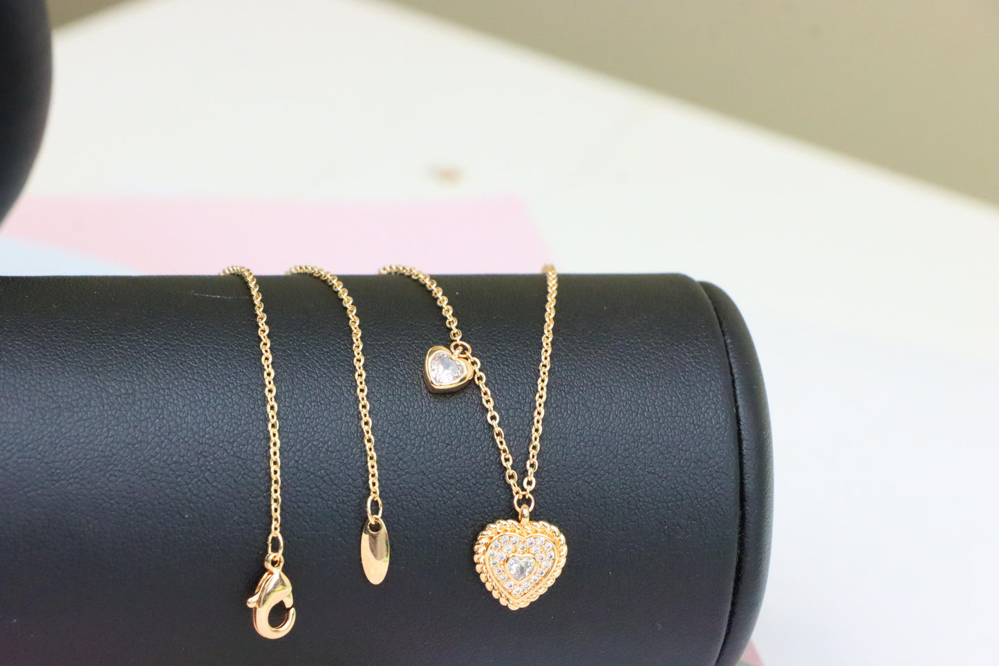 Rose Gold Heart Pendant Necklace with Dual Charm, Elegant Design, XPNL1877 (2158-10)
