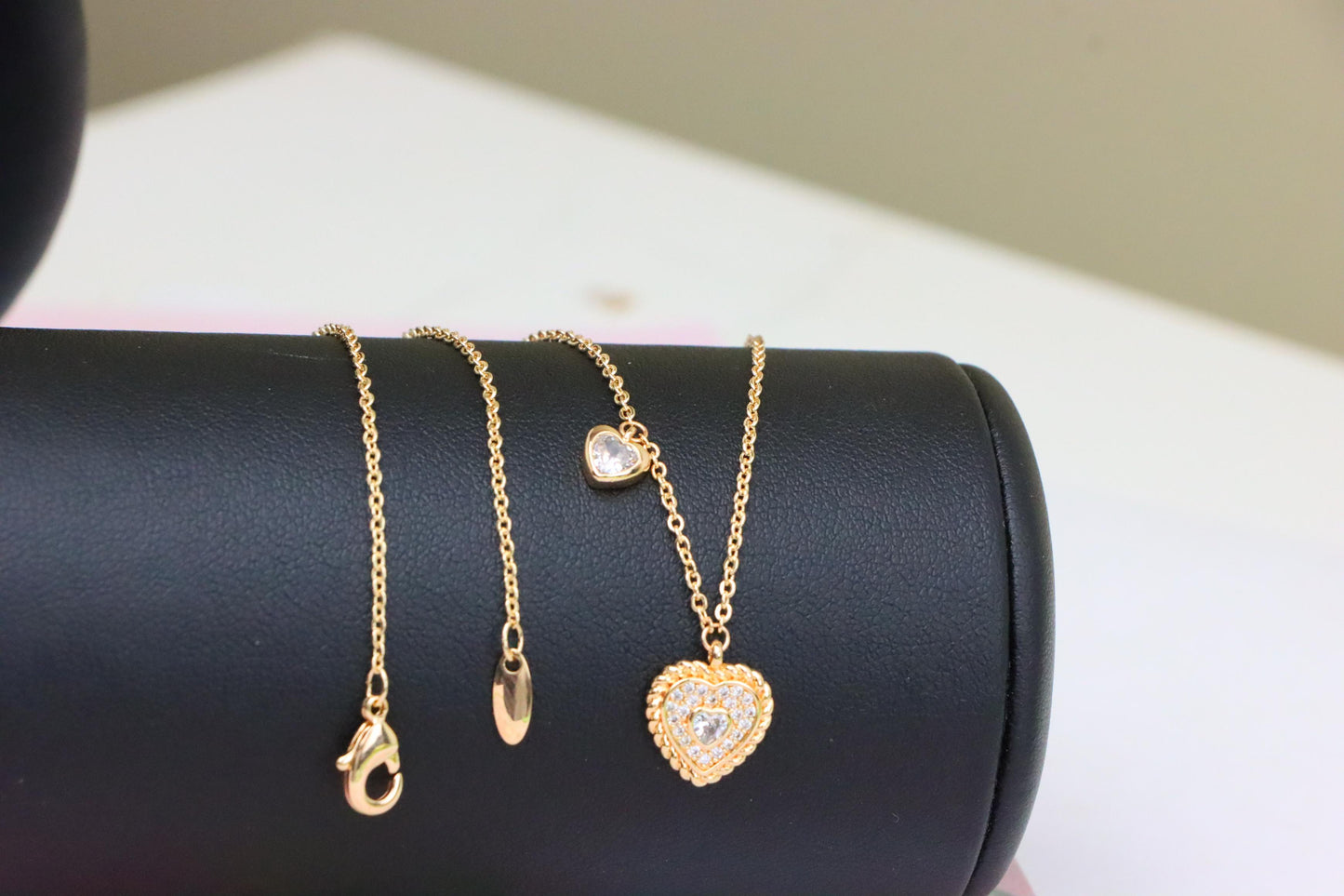 Rose Gold Heart Pendant Necklace with Dual Charm, Elegant Design, XPNL1877 (2158-10)