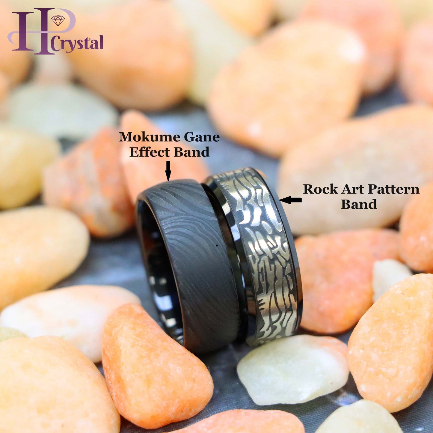 Black IP Plated Semi-Dome Laser Carved Mokume Gane Effect/Laser Carved Rock Art Pattern Tungsten Ring (MARET603)